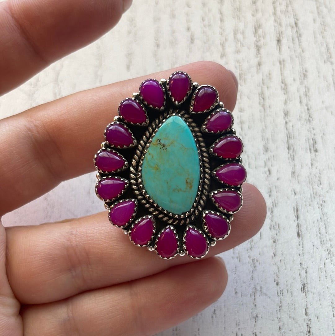 Handmade Pink Onyx & Turquoise Sterling Silver Adjustable Ring Signed Nizhoni