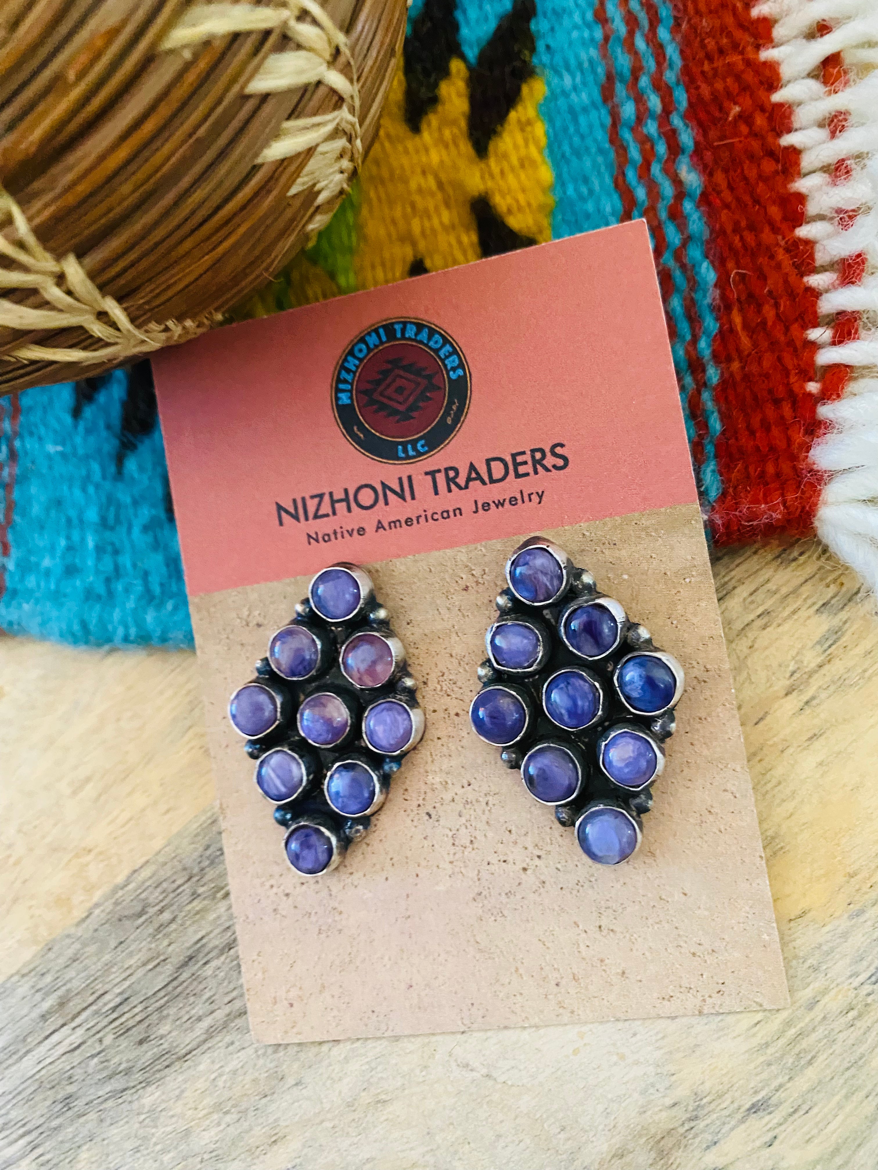 Navajo Charoite & Sterling Silver Cluster Earrings