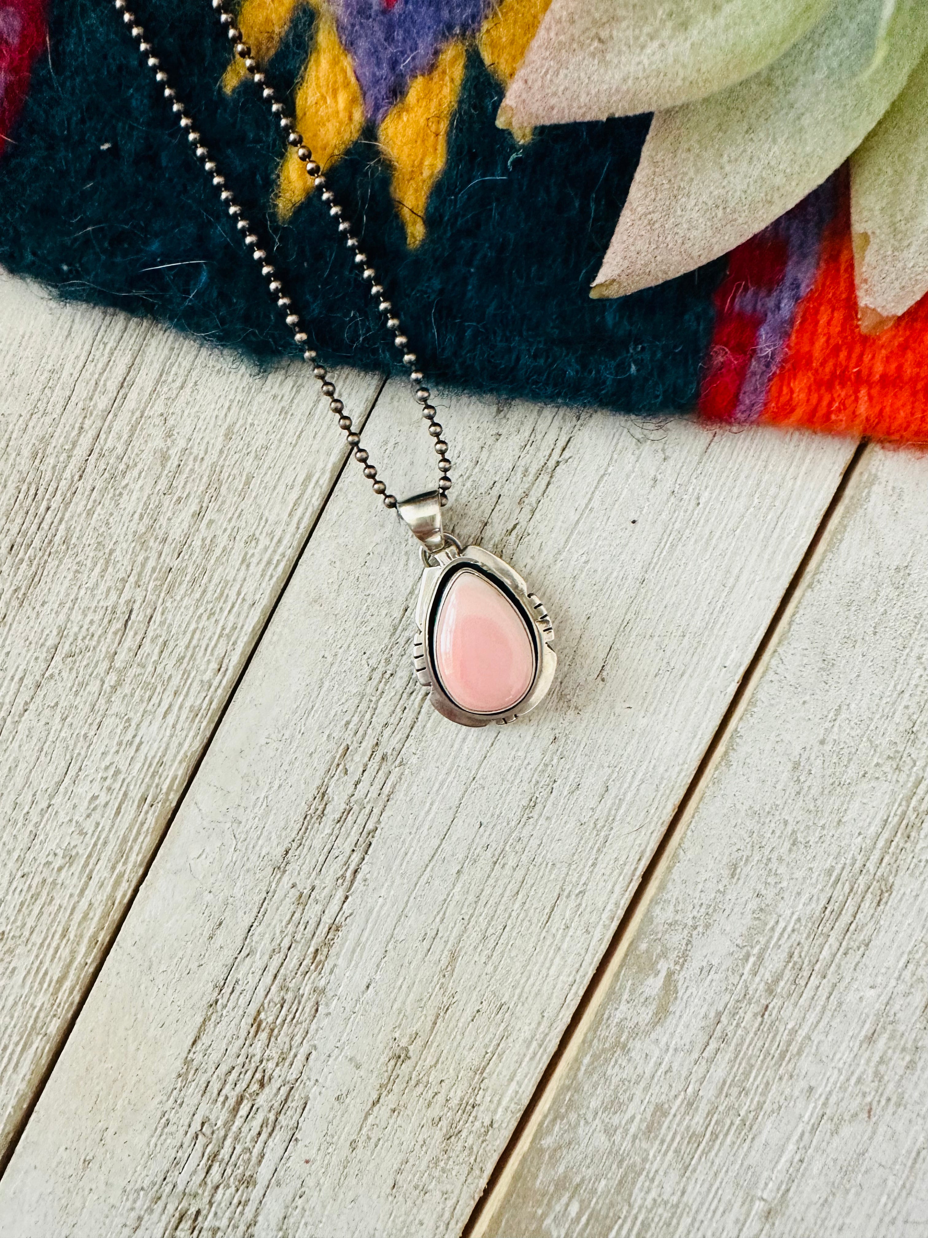 Navajo Queen Pink Conch Shell & Sterling Silver Shadowbox Teardrop Pendant