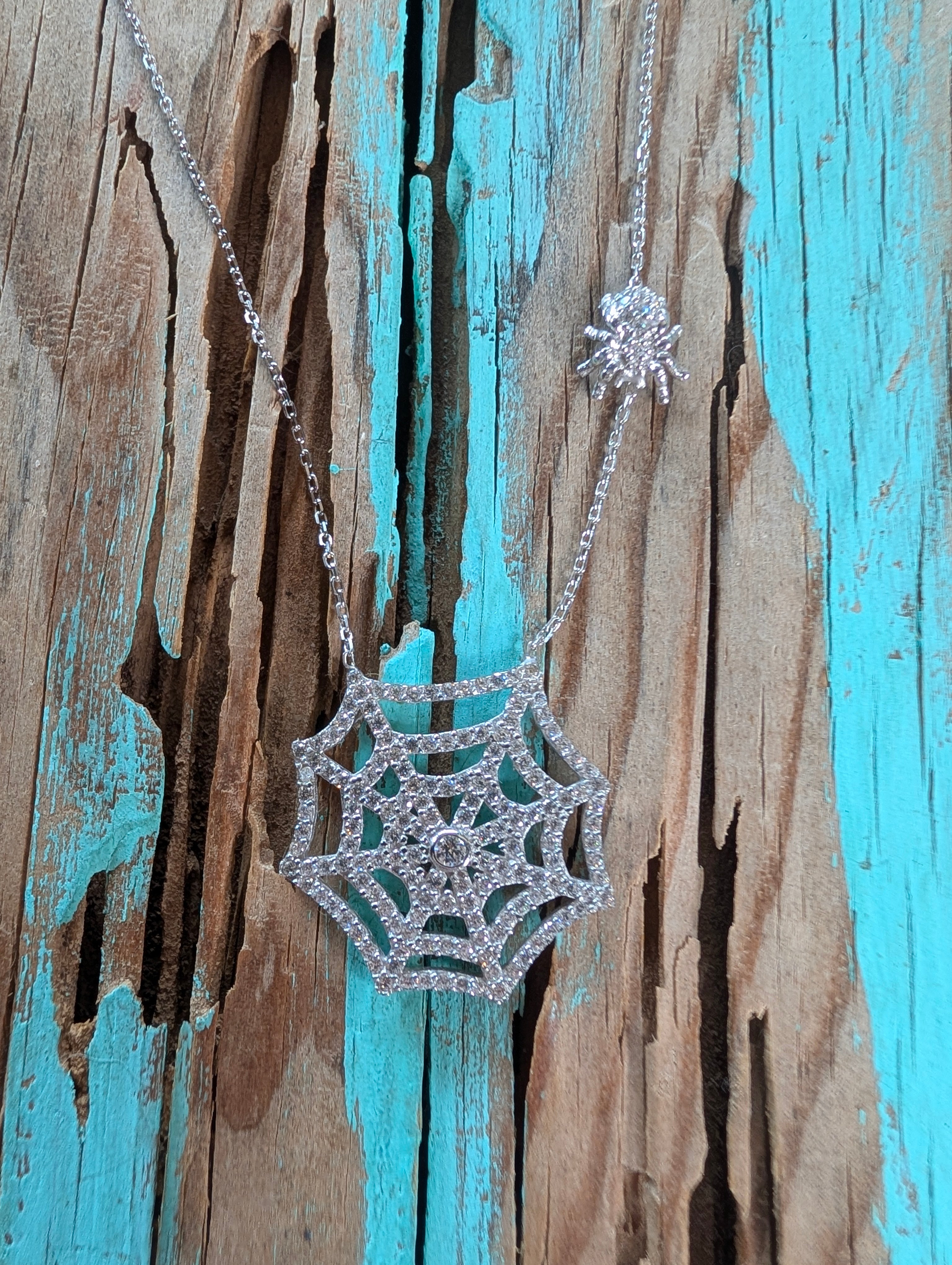 Sterling Silver CZ Spider Web Halloween Necklace