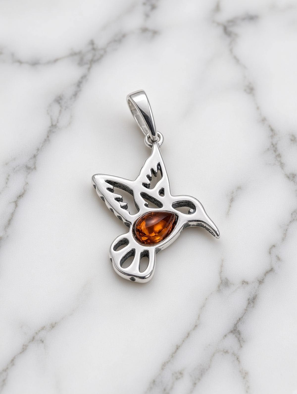 Handmade Hummingbird Orange Honey Cognac Cabochon & Sterling Silver Pendant