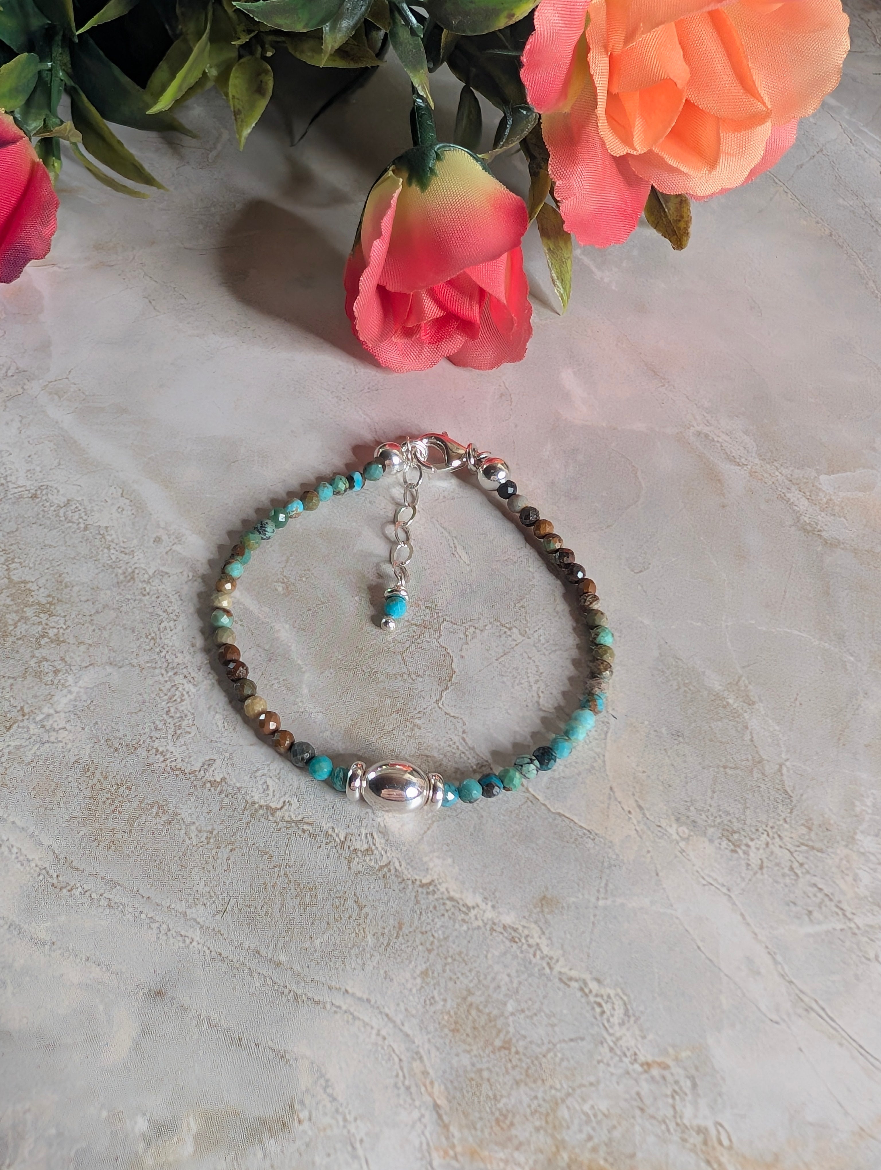 Turquoise Multicolor Stone Beaded Sterling Silver Stretch Bracelet