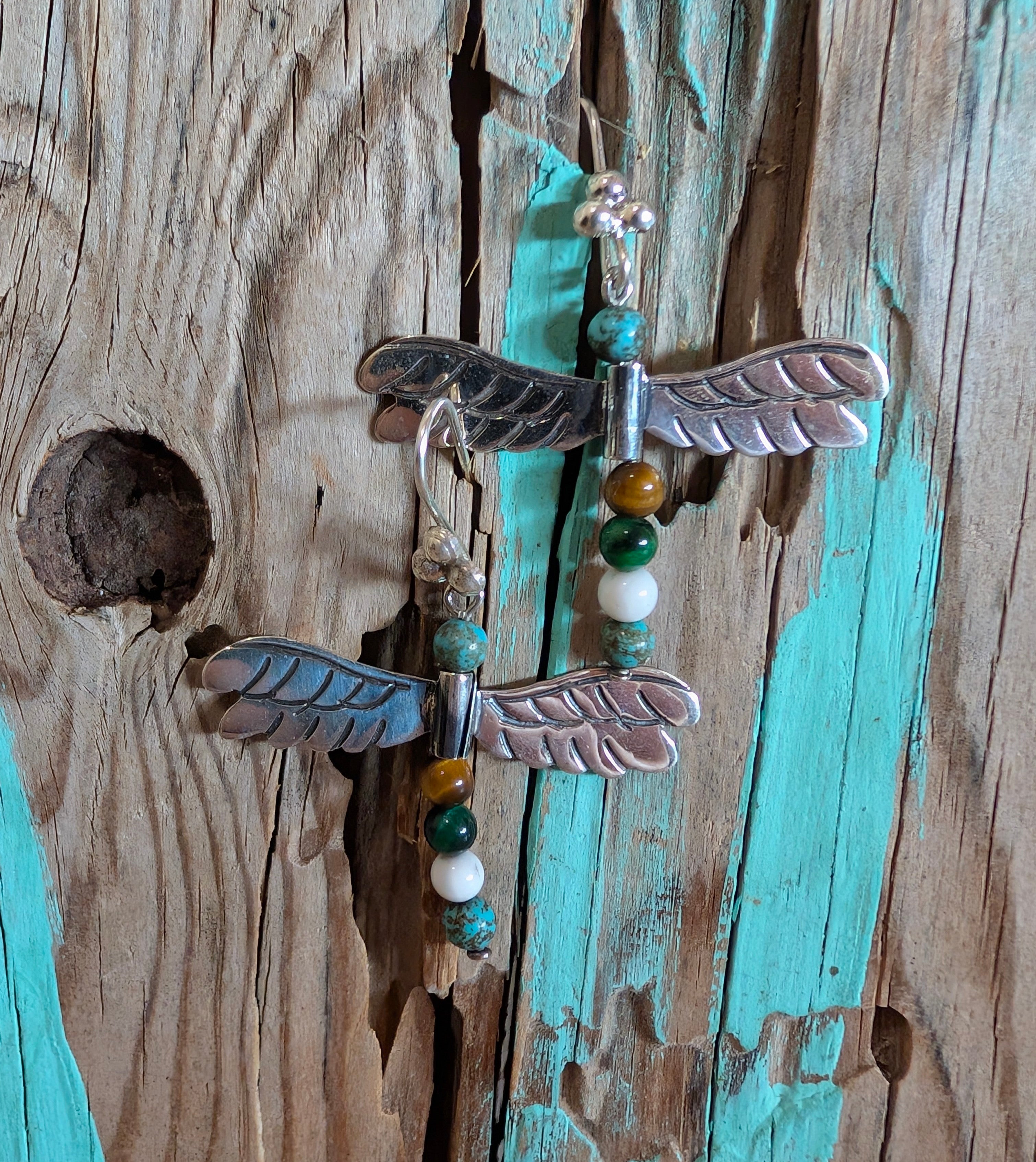 Turquoise & Sterling Silver Multistone  Beaded Bird Earrings On Hook