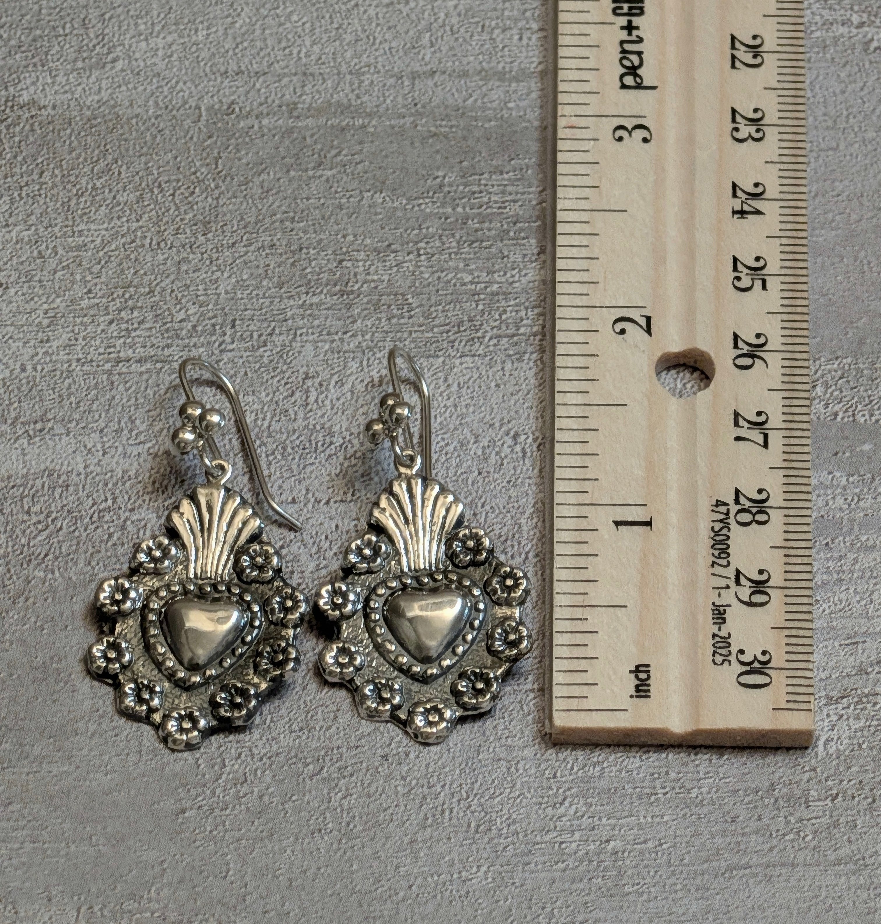 Sterling Silver Sacred Heart & Flower Hook Earrings