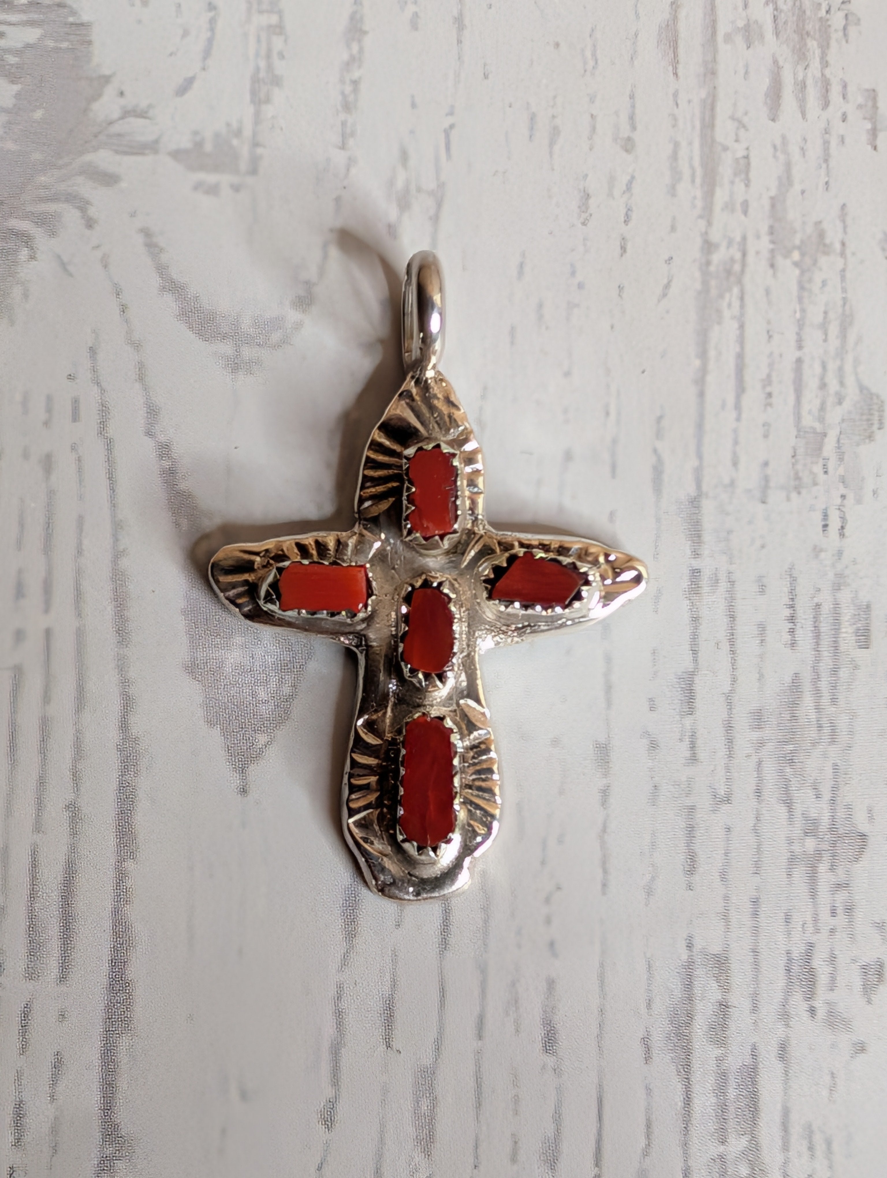 Handcrafted Red Coral Sterling Silver Cross Pendant