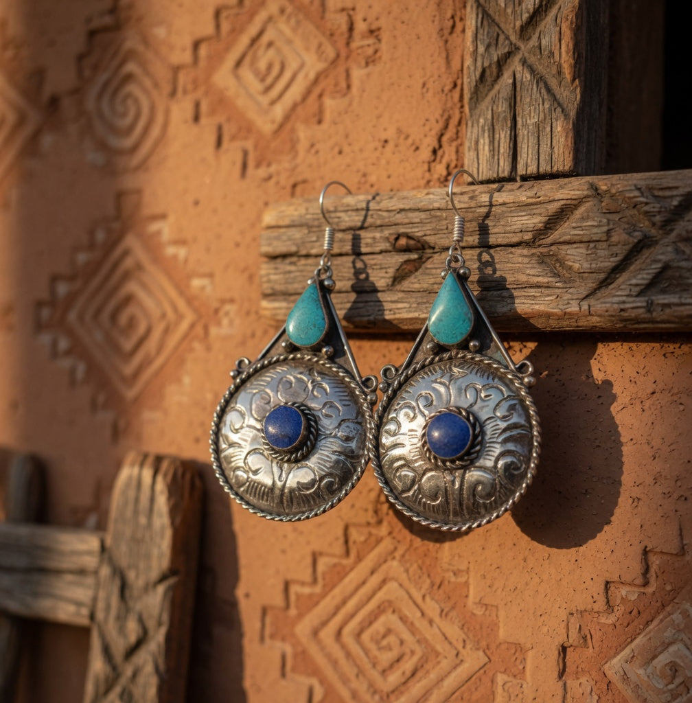 Turquoise & Lapis Enamel Boho Drop Earrings