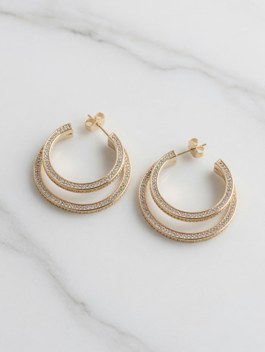 14k Gold CZ Double Hoop Earrings