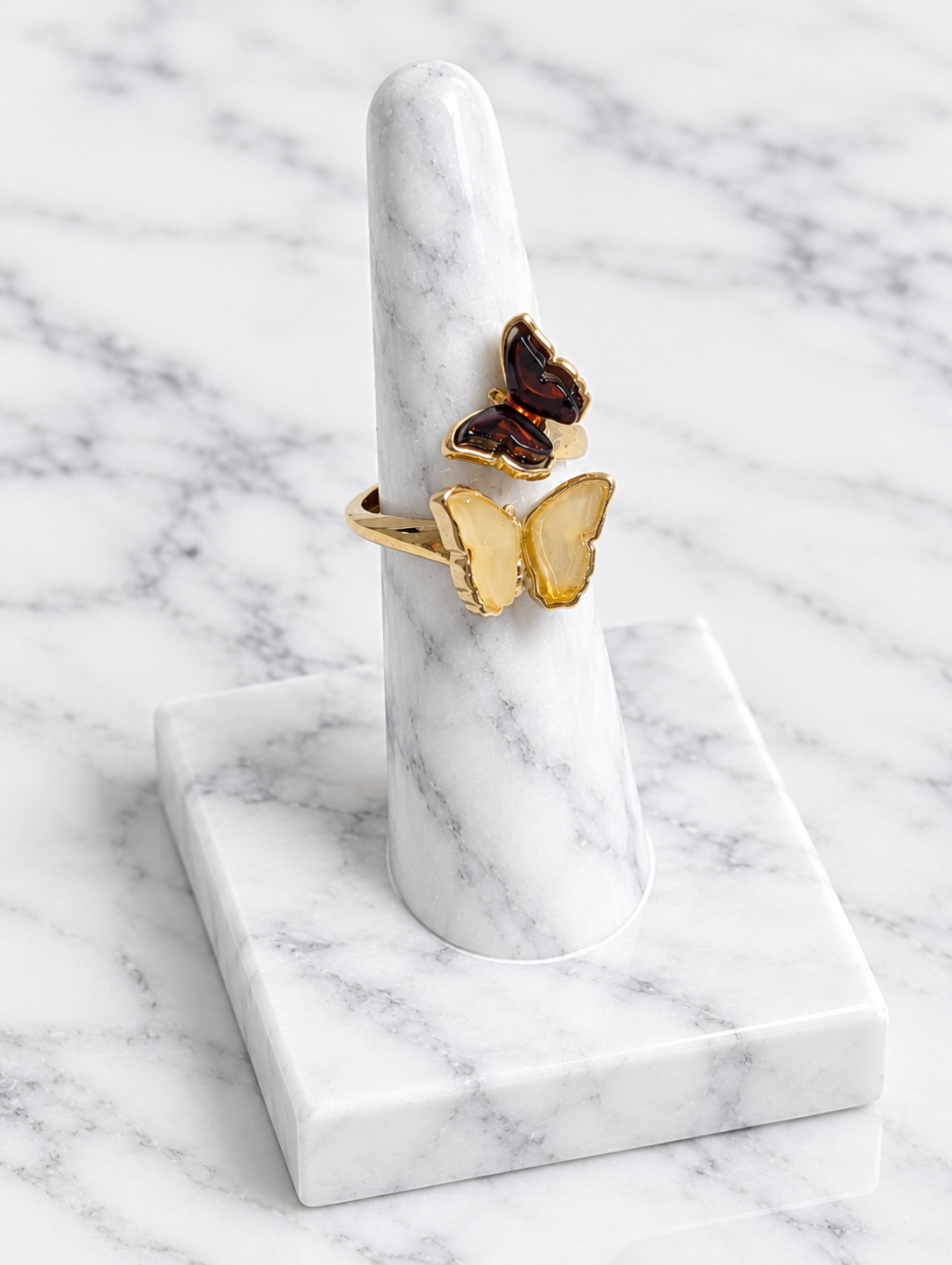 Handmade Butterfly Honey Cognac Cabochons & 14k Gold Plated Adjustable Ring