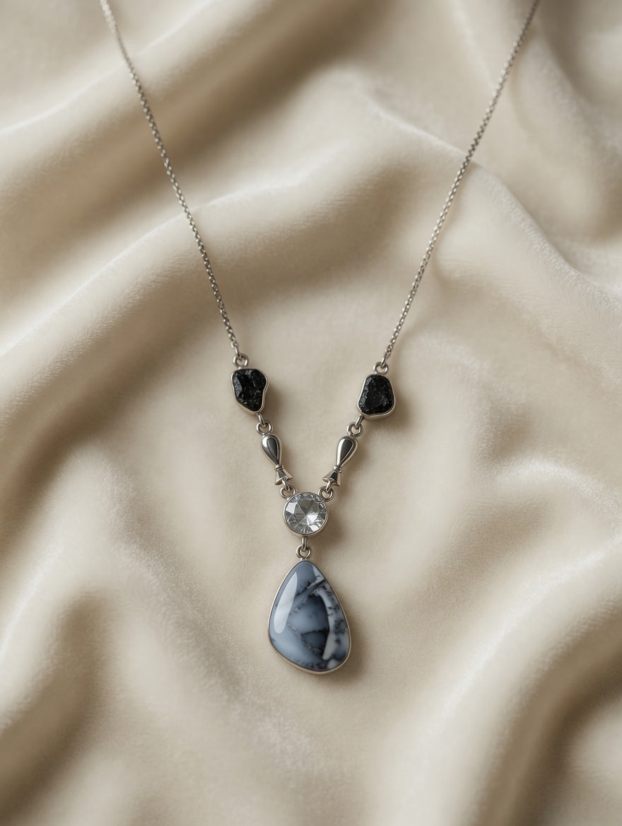 Dendritic Agate Gemstone With Clear Quartz & Black Tourmaline Sterling Silver Necklace
