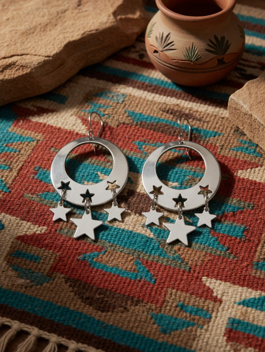 Handcrafted Sterling Silver Rounded Stars Dangle Earrings