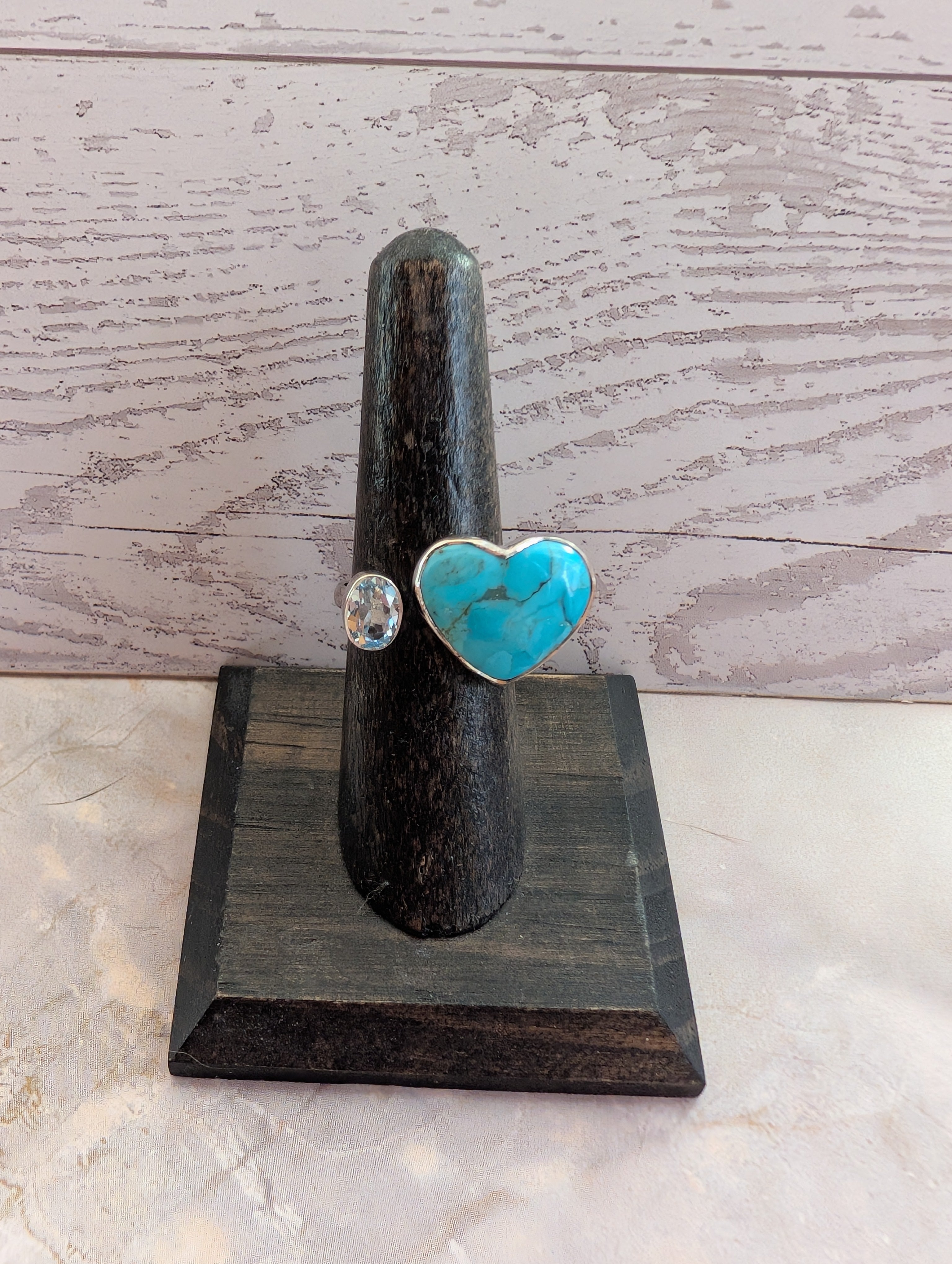 Kingman Turquoise Heart & Oval Shaped Blue Topaz Sterling Silver Adjustable Ring