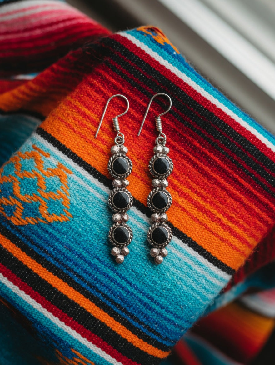 Vintage Southwestern Black Onyx & Silver Three Stone Dangle Earrings