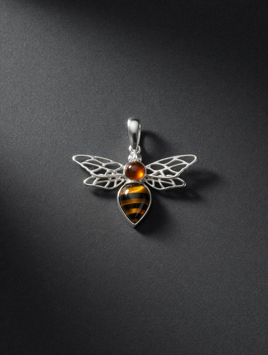 Sterling Silver Handmade Amber Bee Pendant