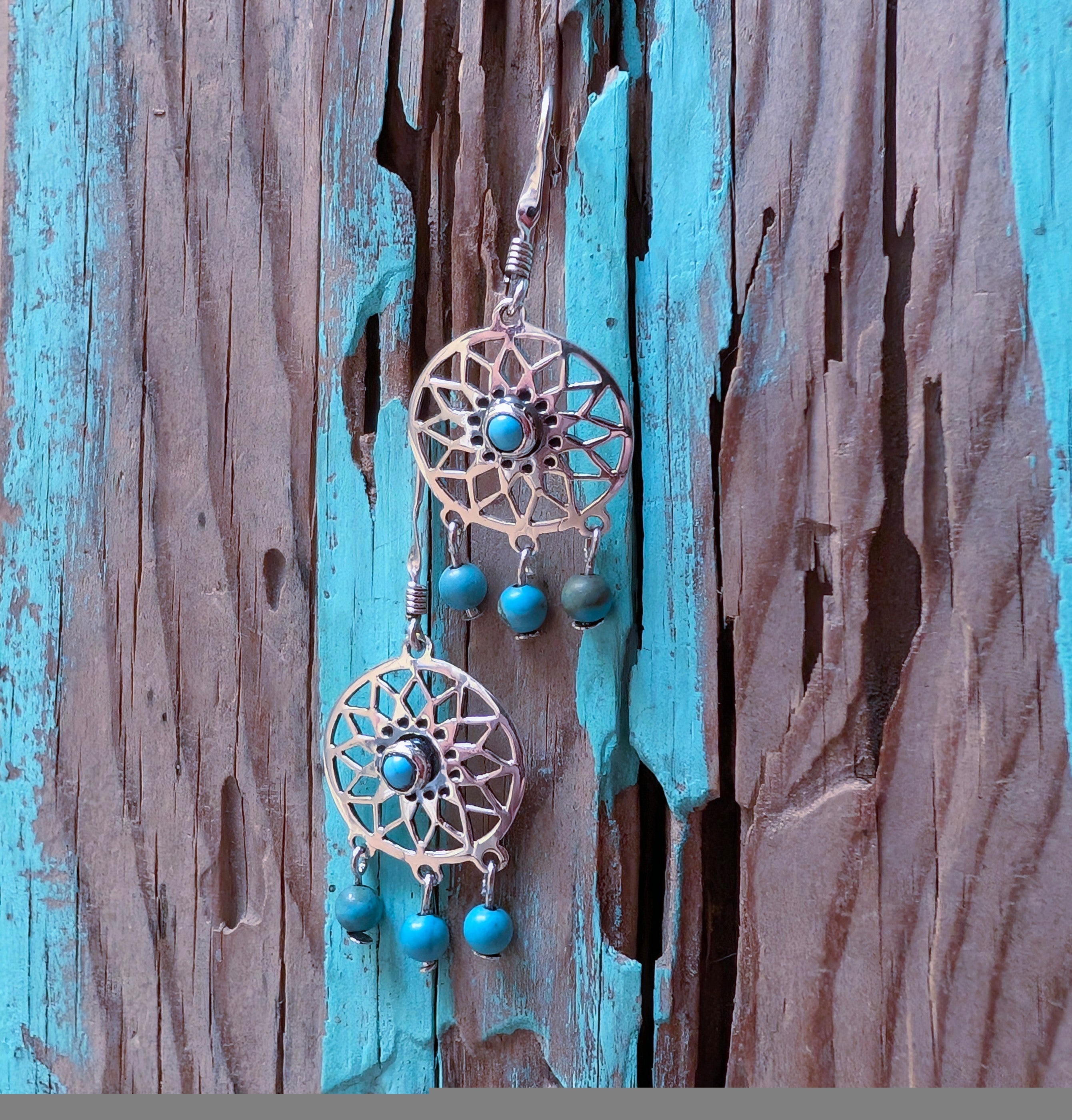 Turquoise & Sterling Silver Dream Catcher Dangle Hook Earrings