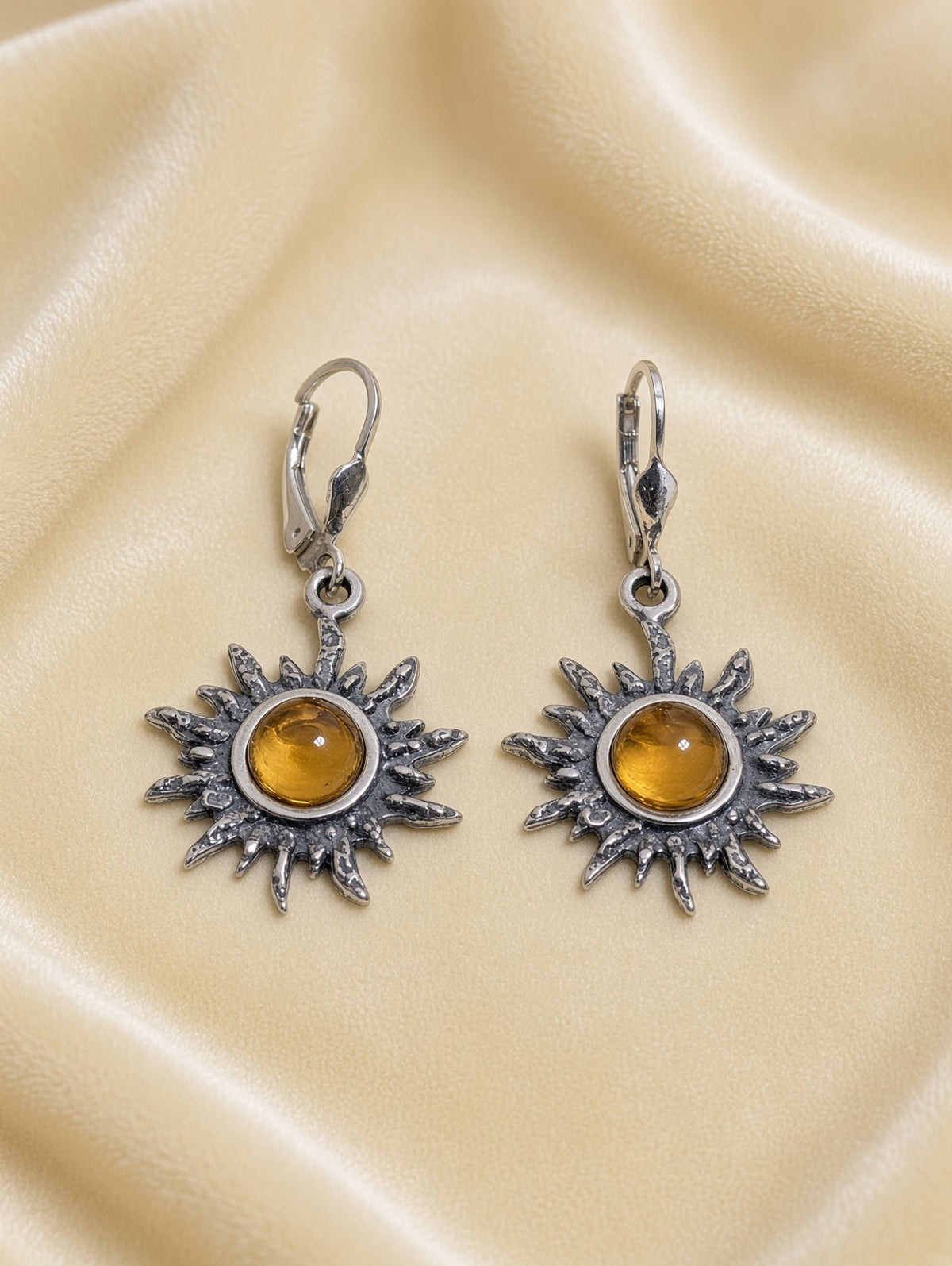 Handmade Sunburst Earrings with Yellow Inlay & Honey Cognac Cabochons In Sterling Silver