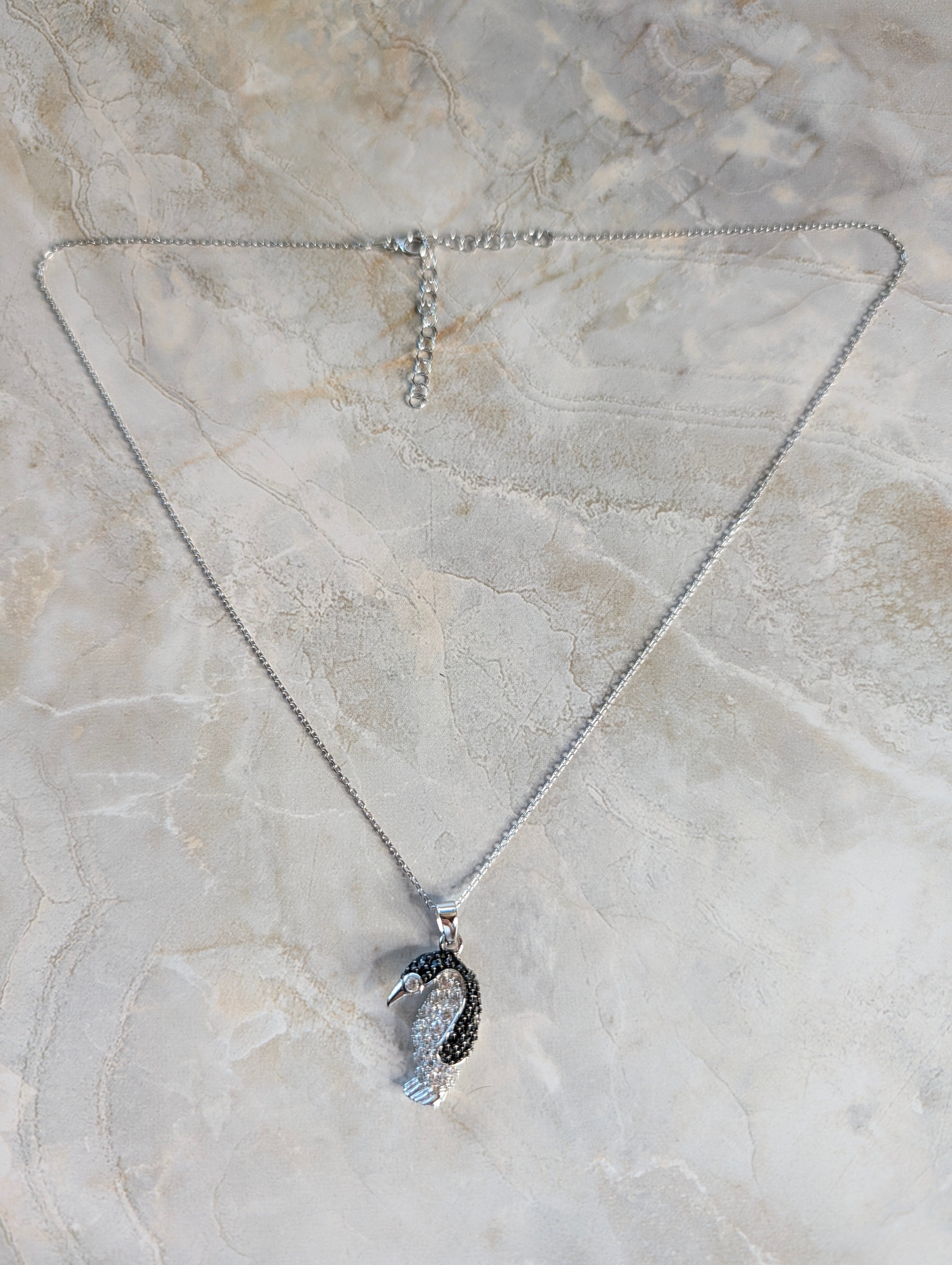 Sterling Silver Black Druzy CZ Penguin Winter Cold Pendant Necklace