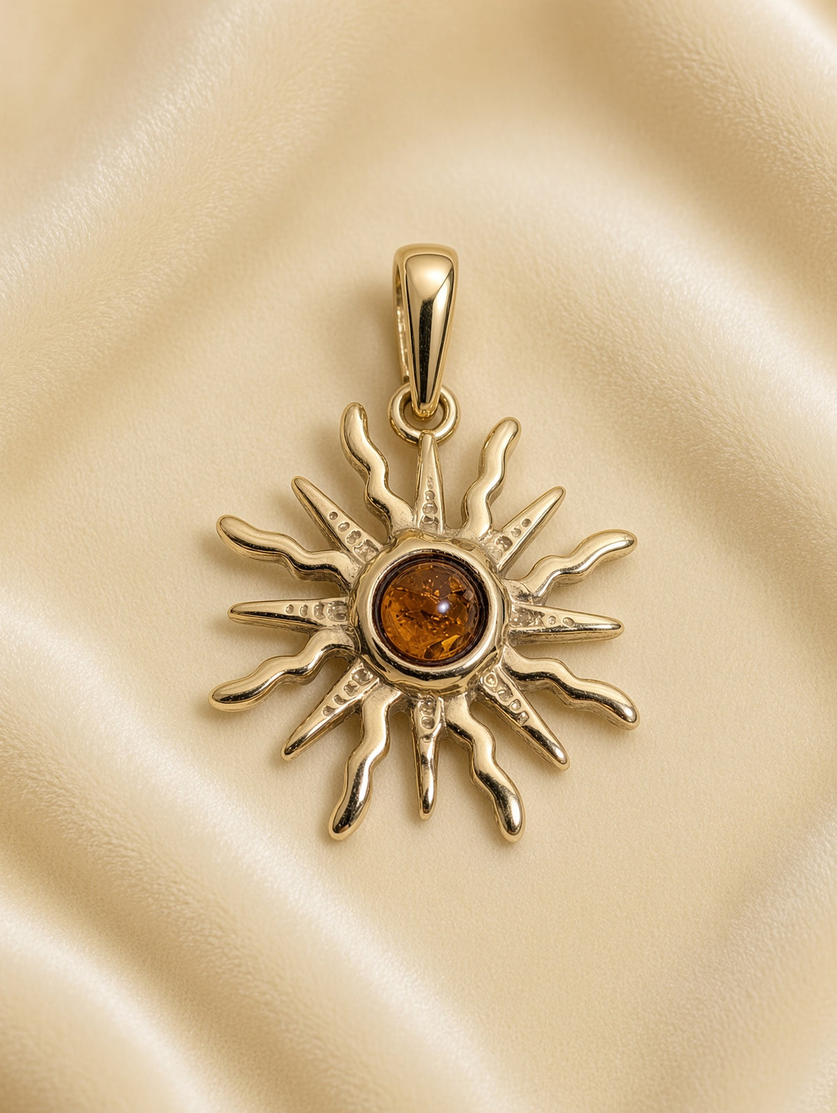 Handmade Sunburst 14k Gold Plated Honey Cognac Cabochon Pendant