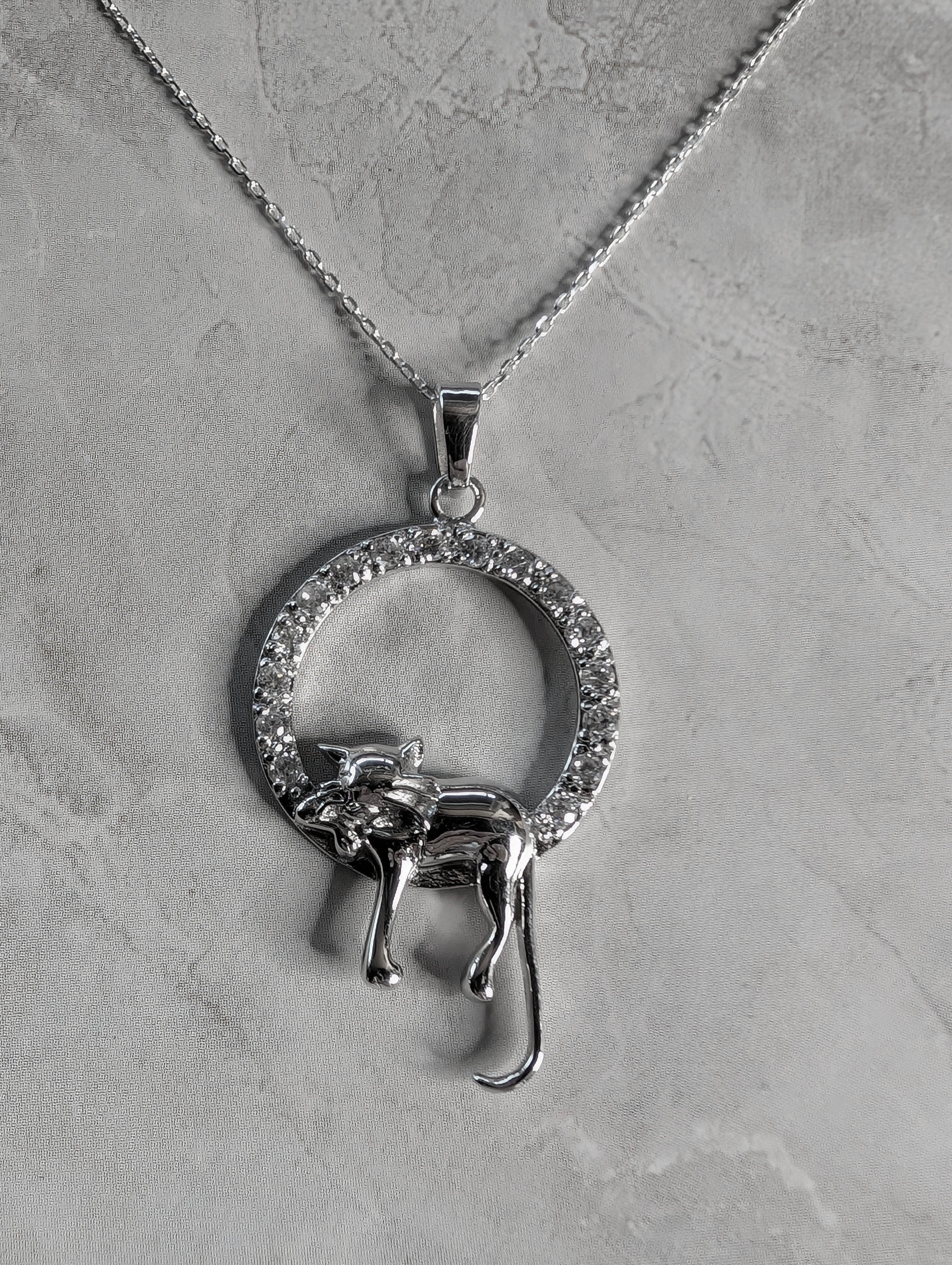 Sterling Silver Cat Perched On CZ Studded Circle Pendant Necklace