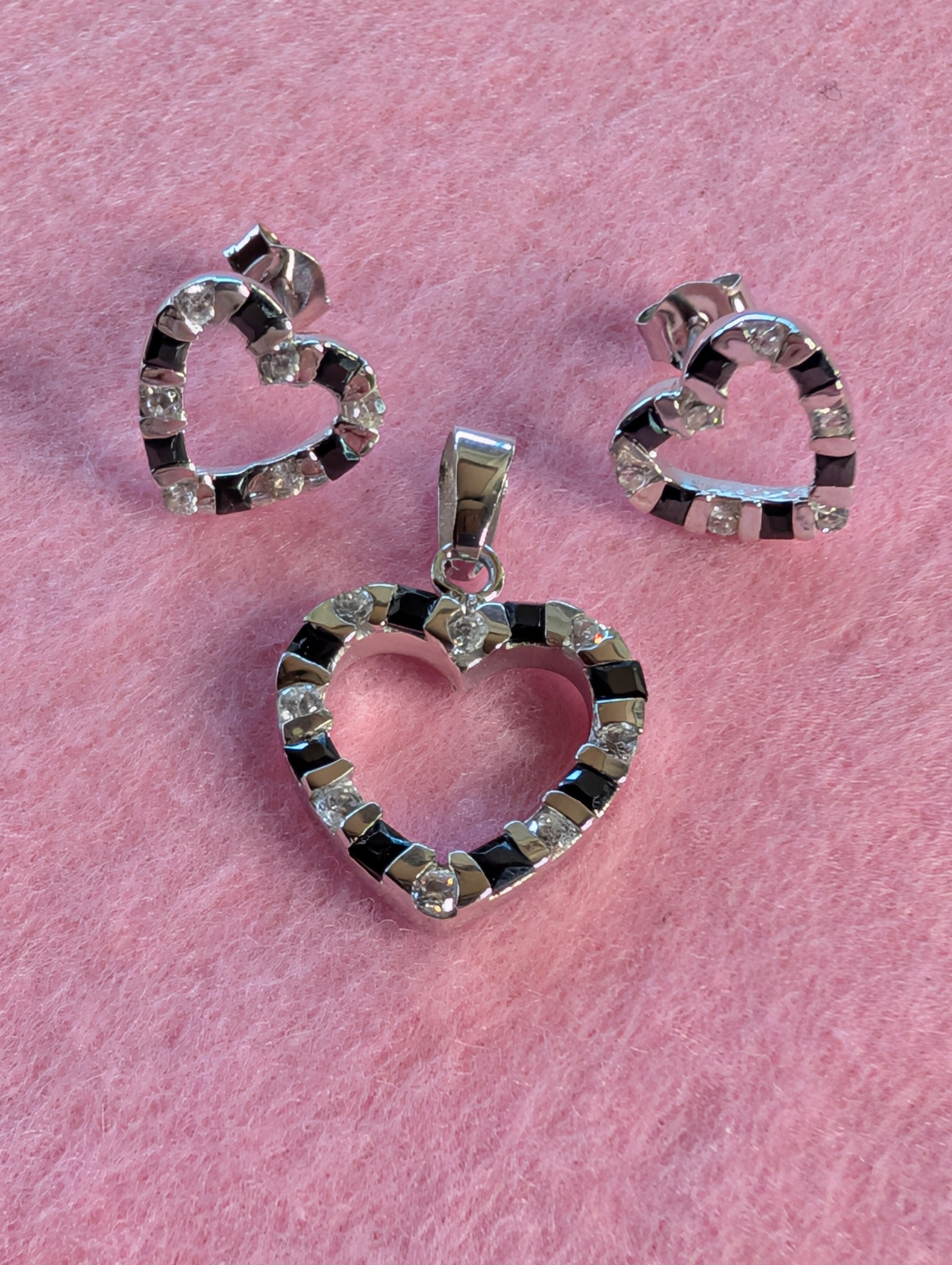 Sterling Silver Black CZ Striped Heart Earrings & Pendant Jewelry Set