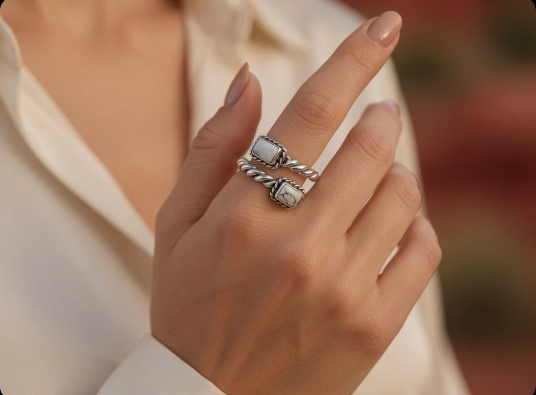White Buffalo Two Stone & Sterling Silver Adjustable Ring