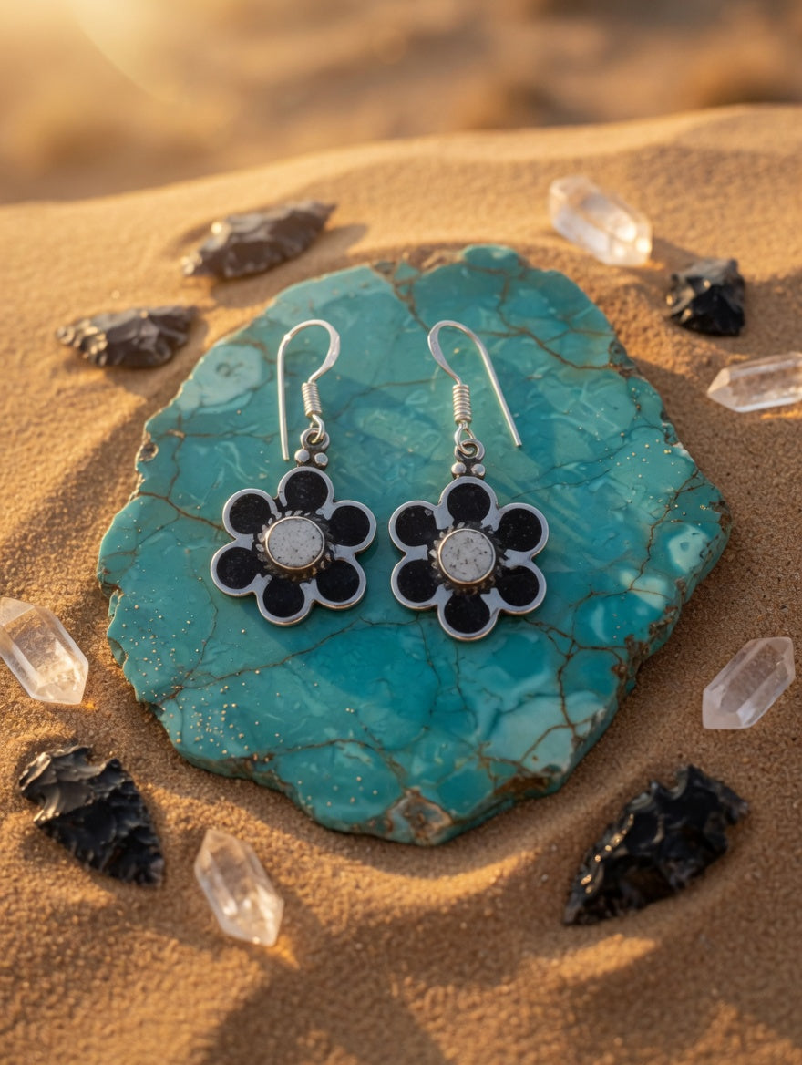 Vintage Southwestern Black Onyx & White Buffalo Flower Shape Dangle Earrings