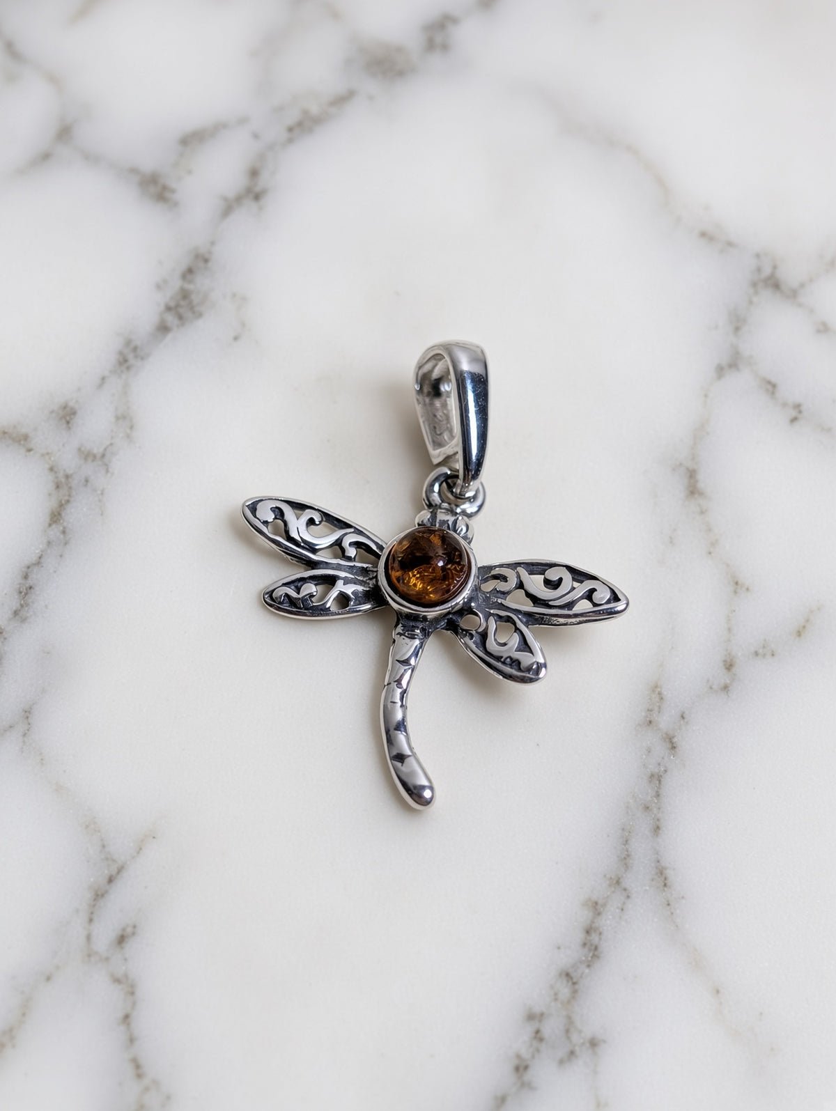 Handmade Dragonfly Orange Honey Cognac Cabochon & Sterling Silver Pendant