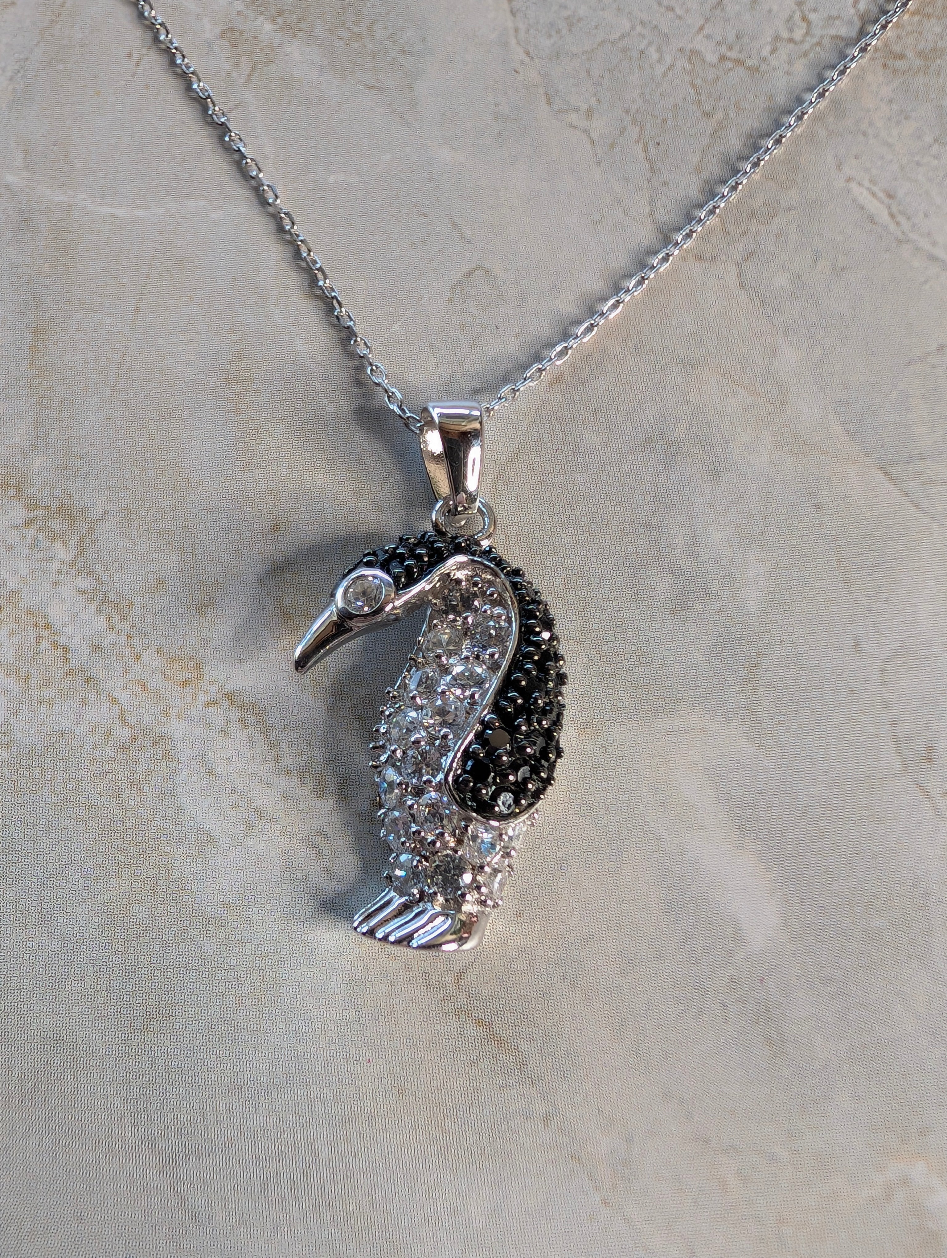 Sterling Silver Black Druzy CZ Penguin Winter Cold Pendant Necklace