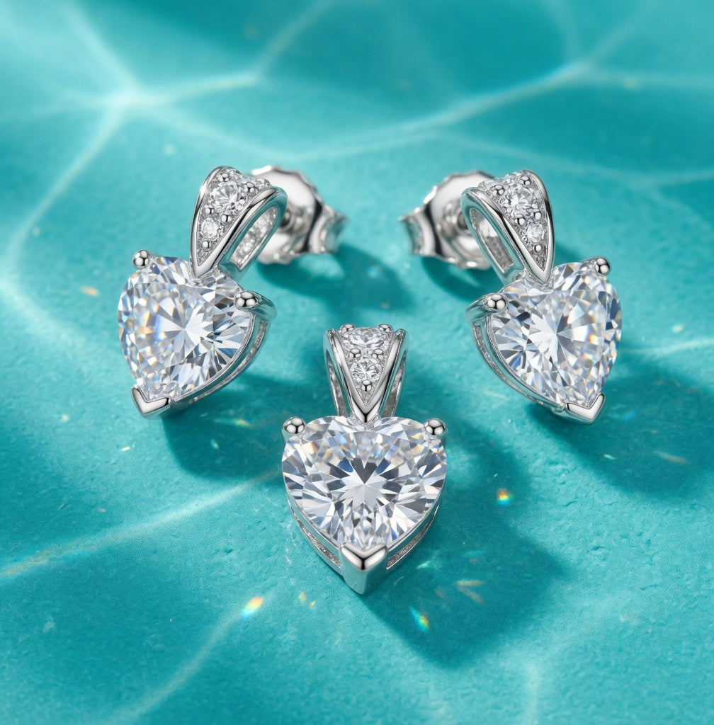 Sterling Silver CZ White Heart Shape GemStone Earrings & Pendant Jewelry Set
