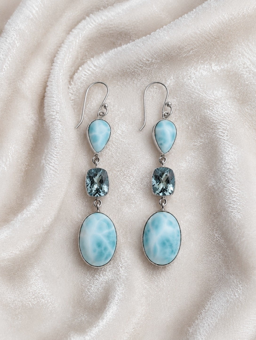 Larimar & Blue Topaz Large Three Stone Sterling Silver Dangle Earrings