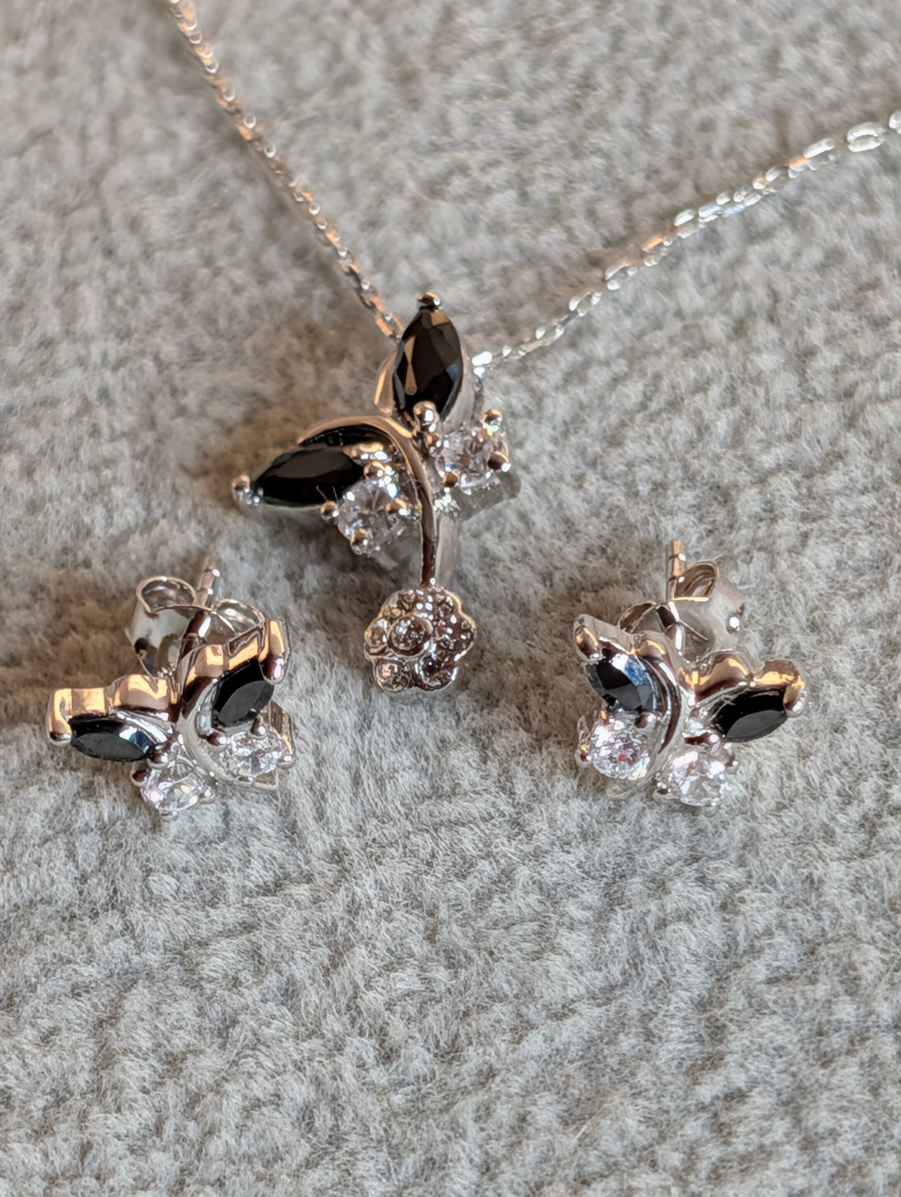 Sterling Silver Marquis CZ Butterfly Earrings & Necklace Jewelry Set