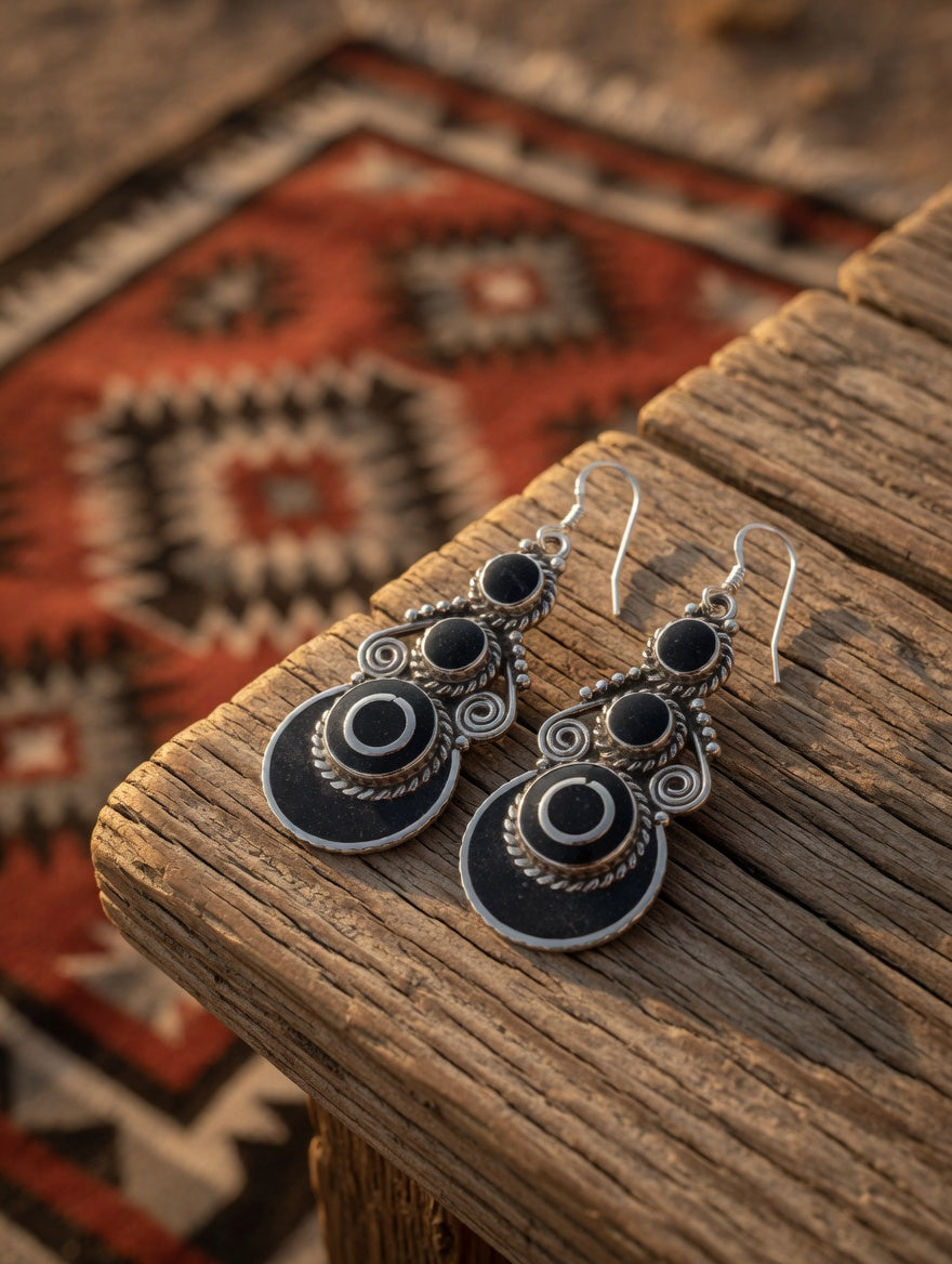 Vintage Black Onyx & Silver Southwestern Dangle Earrings