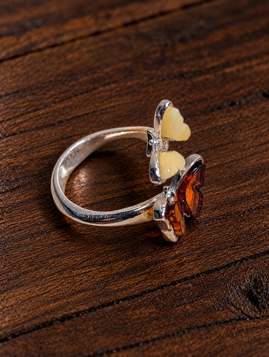 Handmade Butterfly Honey Cognac Cabochons & Sterling Silver Adjustable Ring