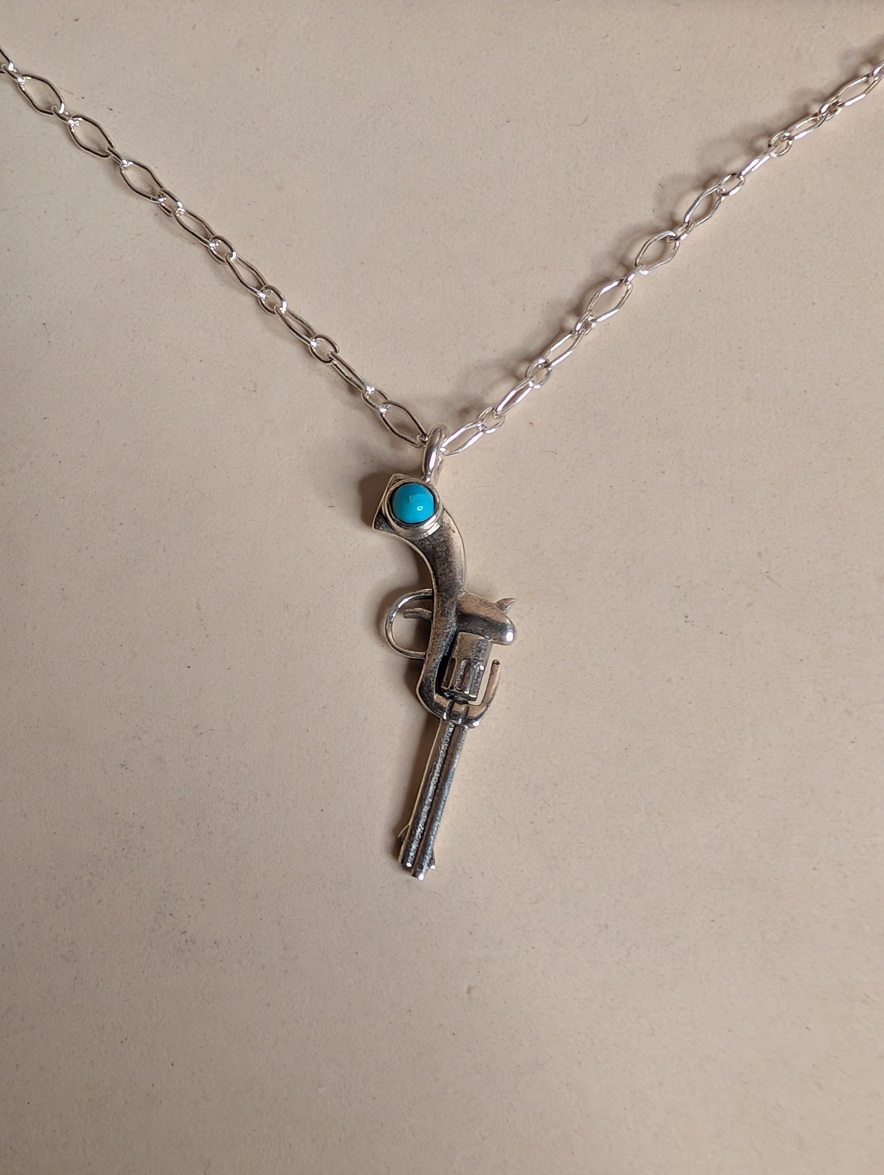 Kingman Turquoise Sterling Silver  Necklace With Gun Pendant