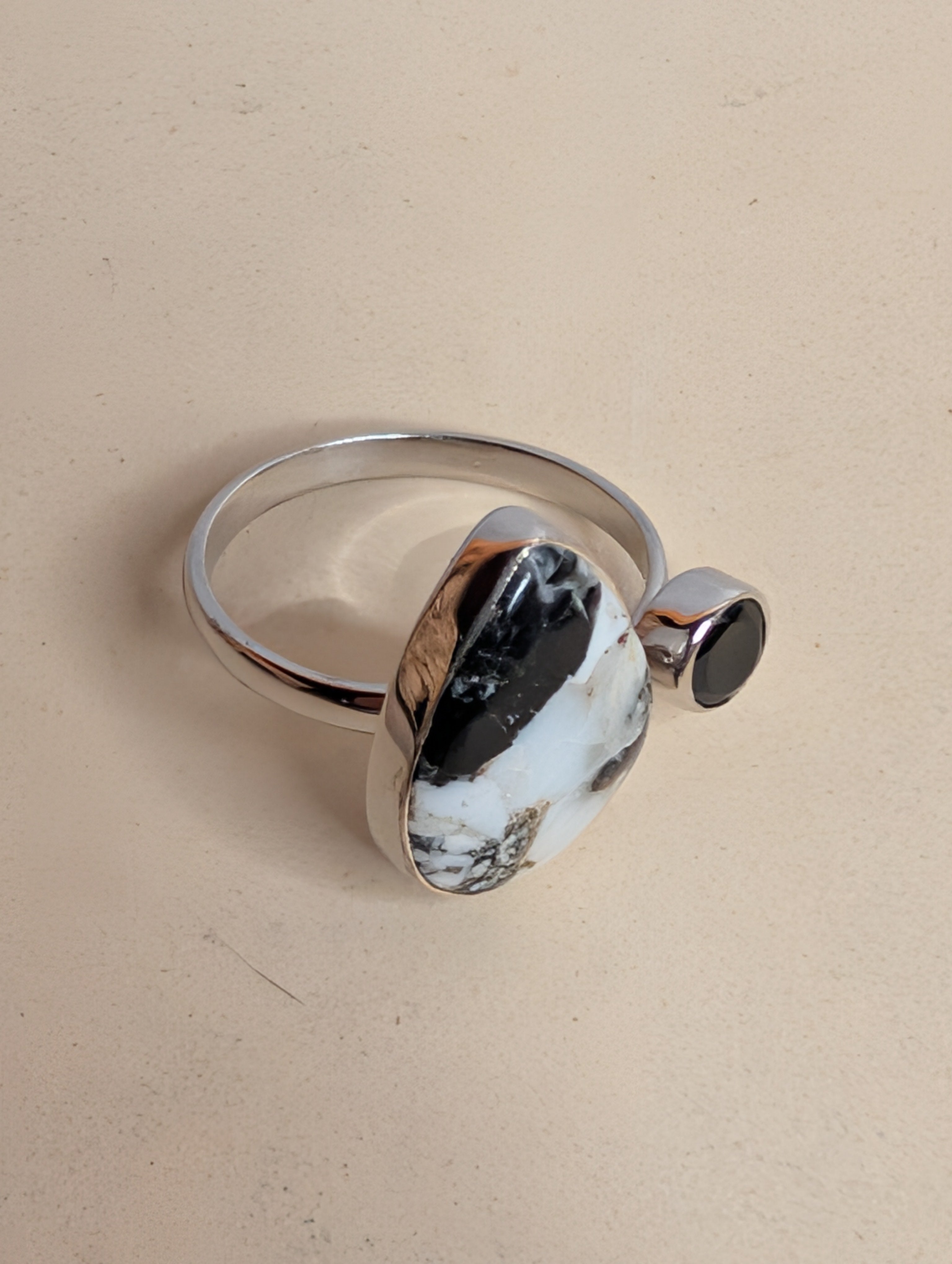 White Buffalo Tear Drop & Circle Shaped Black Onyx Sterling Silver Adjustable Ring