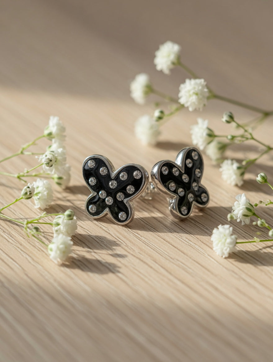 Sterling Silver CZ Black Butterfly Earrings & Pendant Jewelry Set