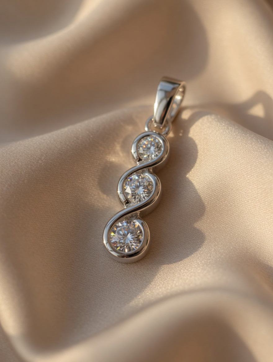 Sterling Silver CZ Three Stone Vertical Swirl Pendant