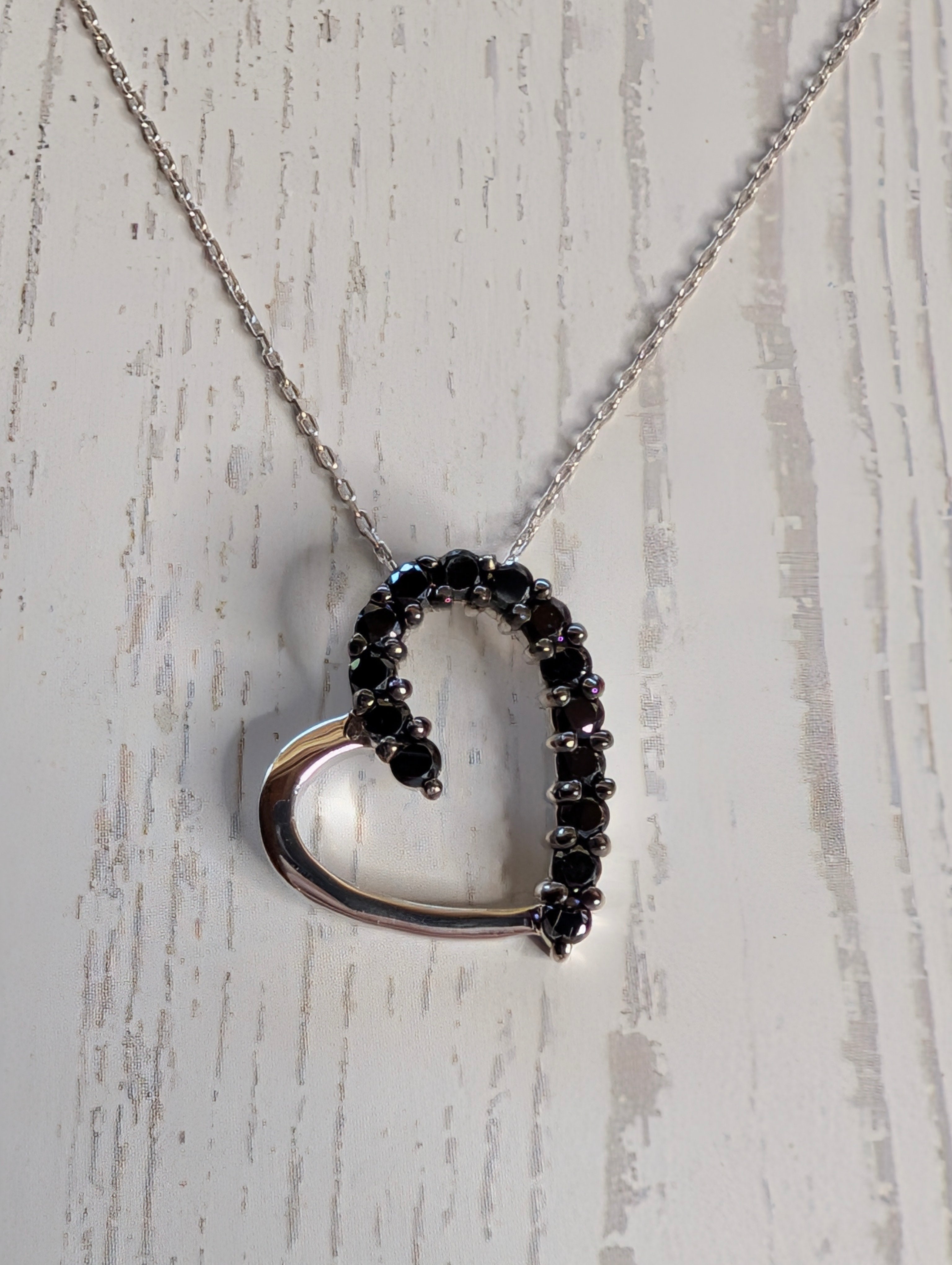Sterling Silver Black Druzy CZ Heart Silhouette Outline Pendant Necklace