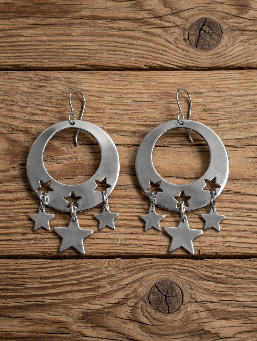 Handcrafted Sterling Silver Rounded Stars Dangle Earrings