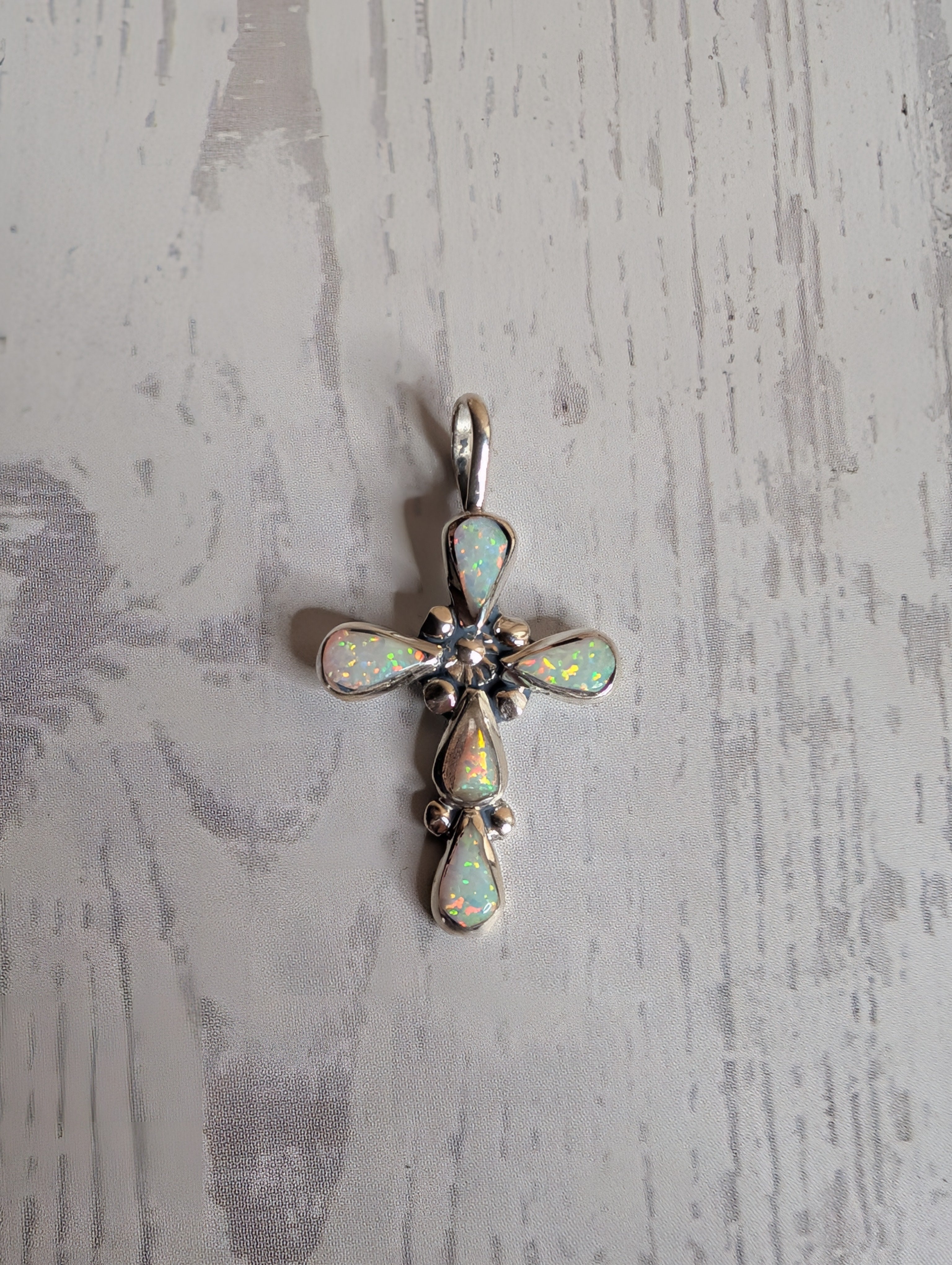 Handcrafted White Fire Opal Sterling Silver Cross Pendant