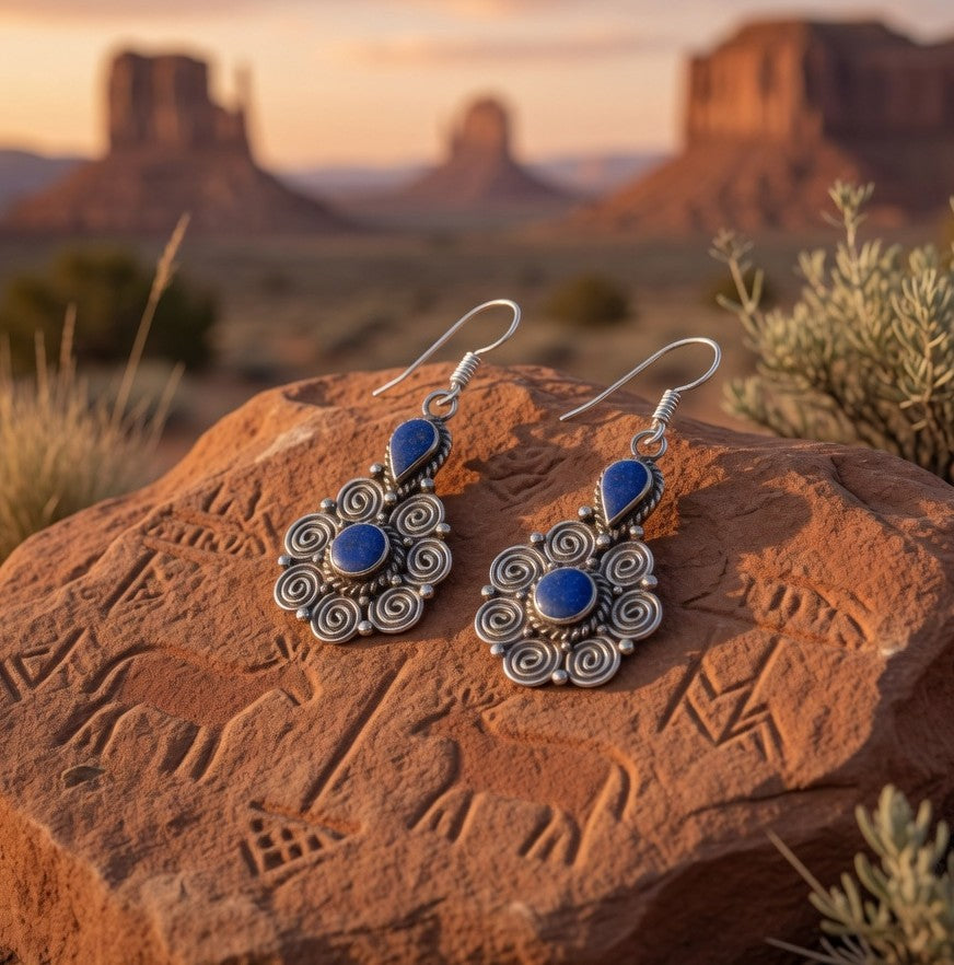 Blue Lapis Two-Stone Filigree Dangle Earrings
