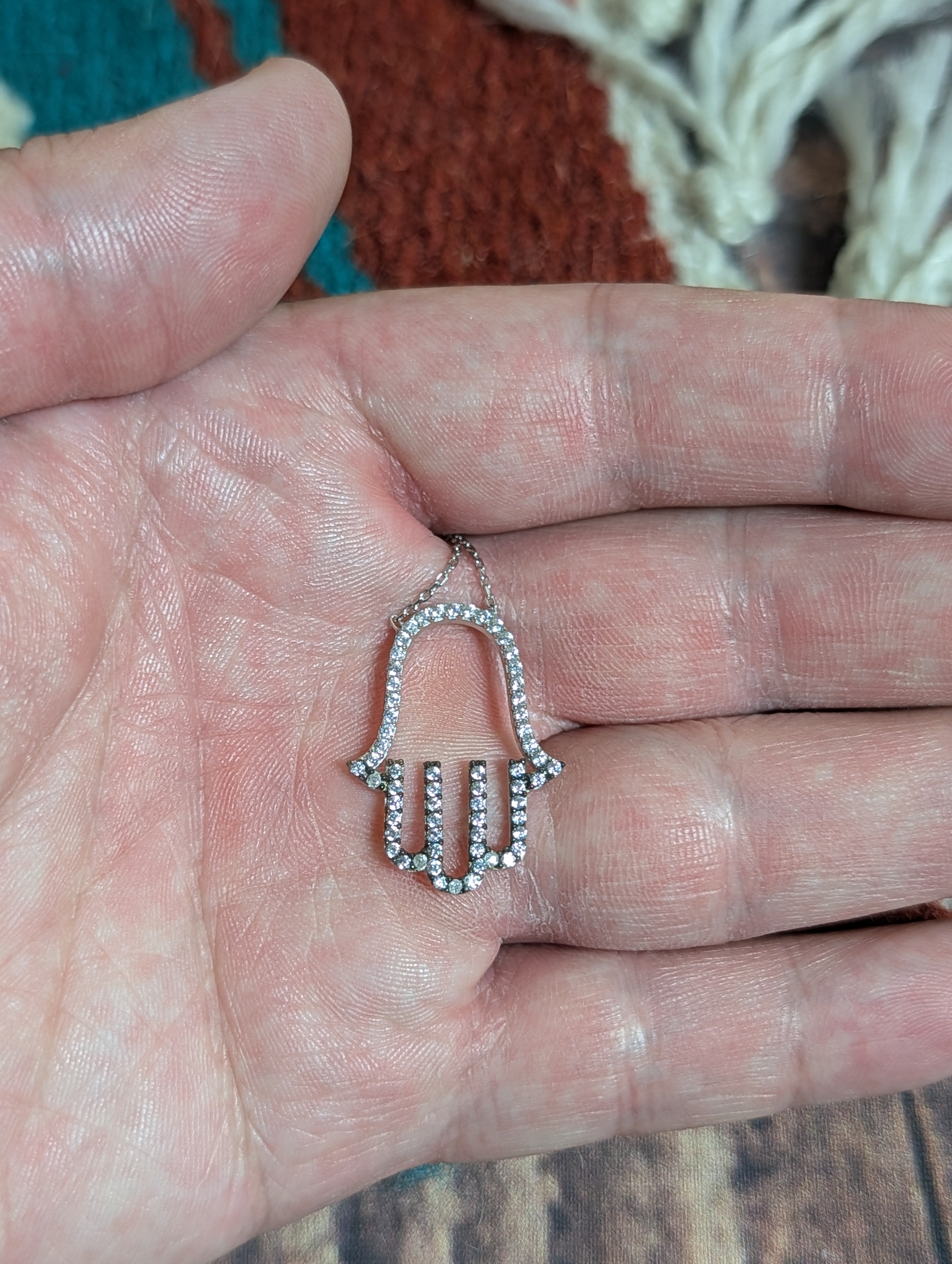 CZ Hamsa Hand Outline Medium Sized Pendant On Sterling Silver Necklace