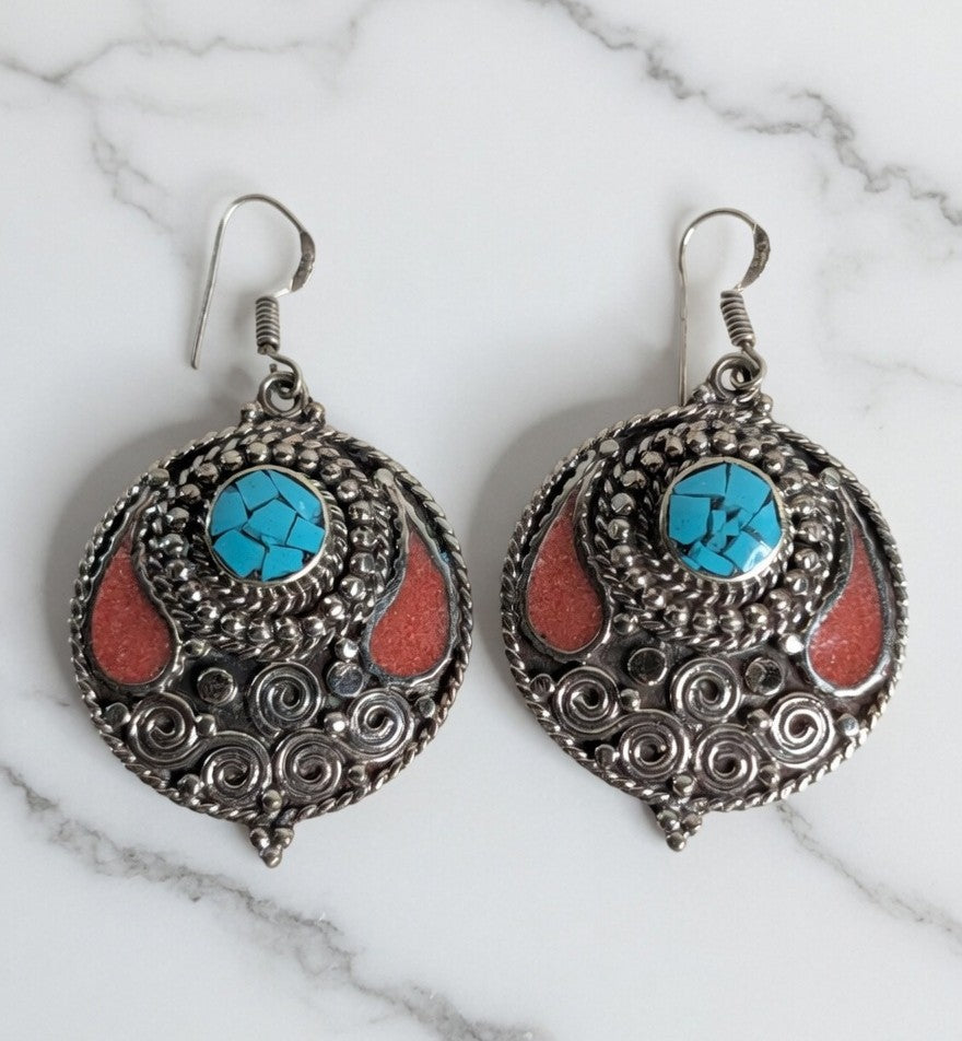 Turquoise Mosaic & Coral Drop Earrings – Southwest Artisan Statement