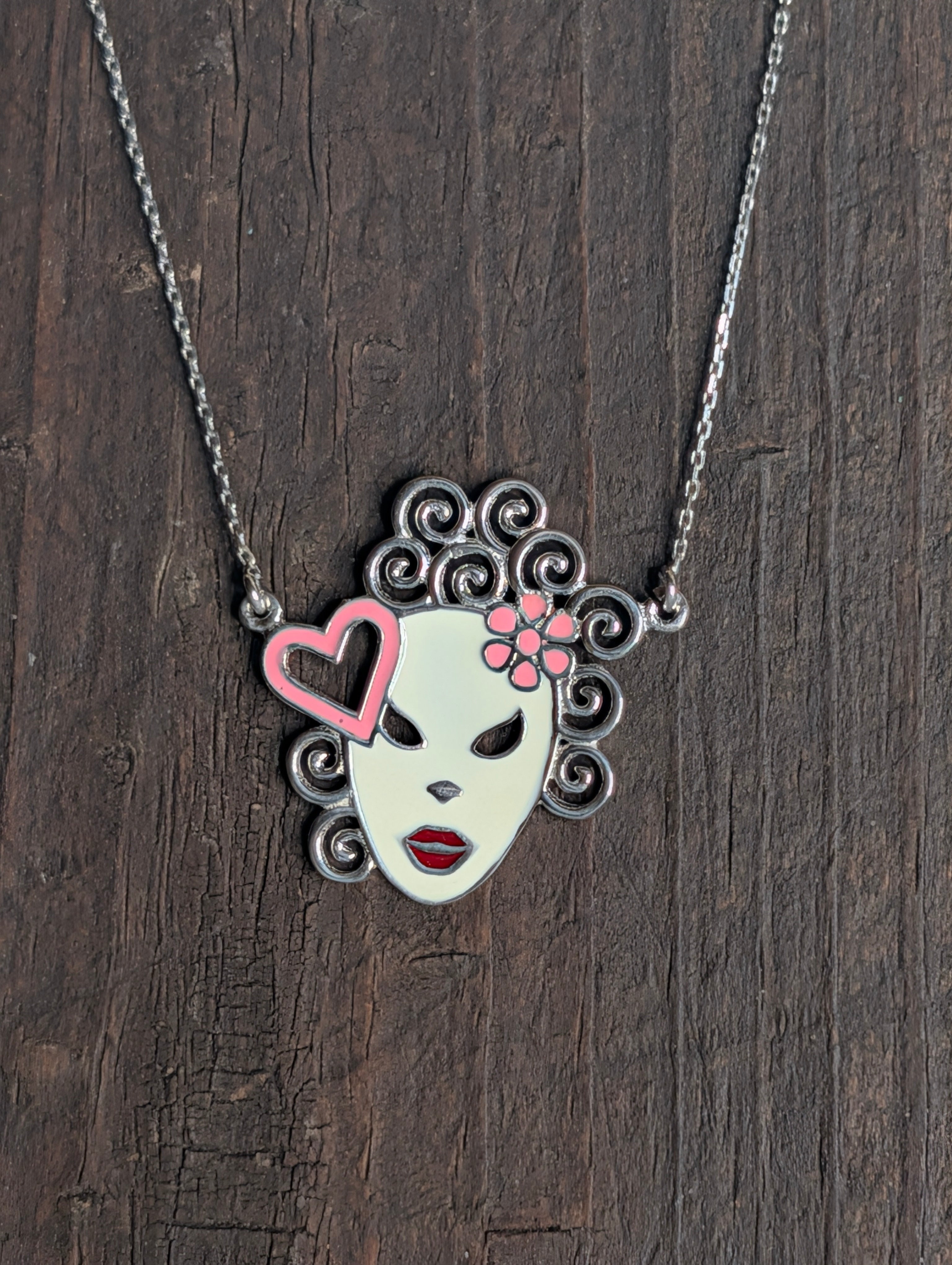 Sterling Silver Enamel Feminine Masquerade Mask With Pink Flowers & Heart