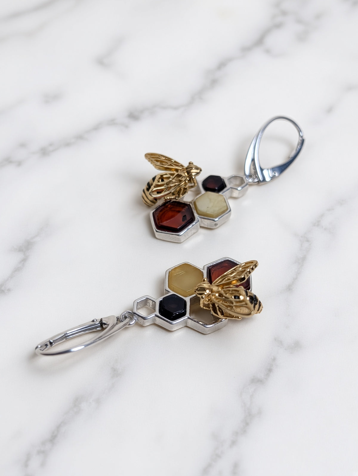 Handmade Bee Honeycomb Honey Cognac Cabochons & Sterling Silver Leverback Earrings
