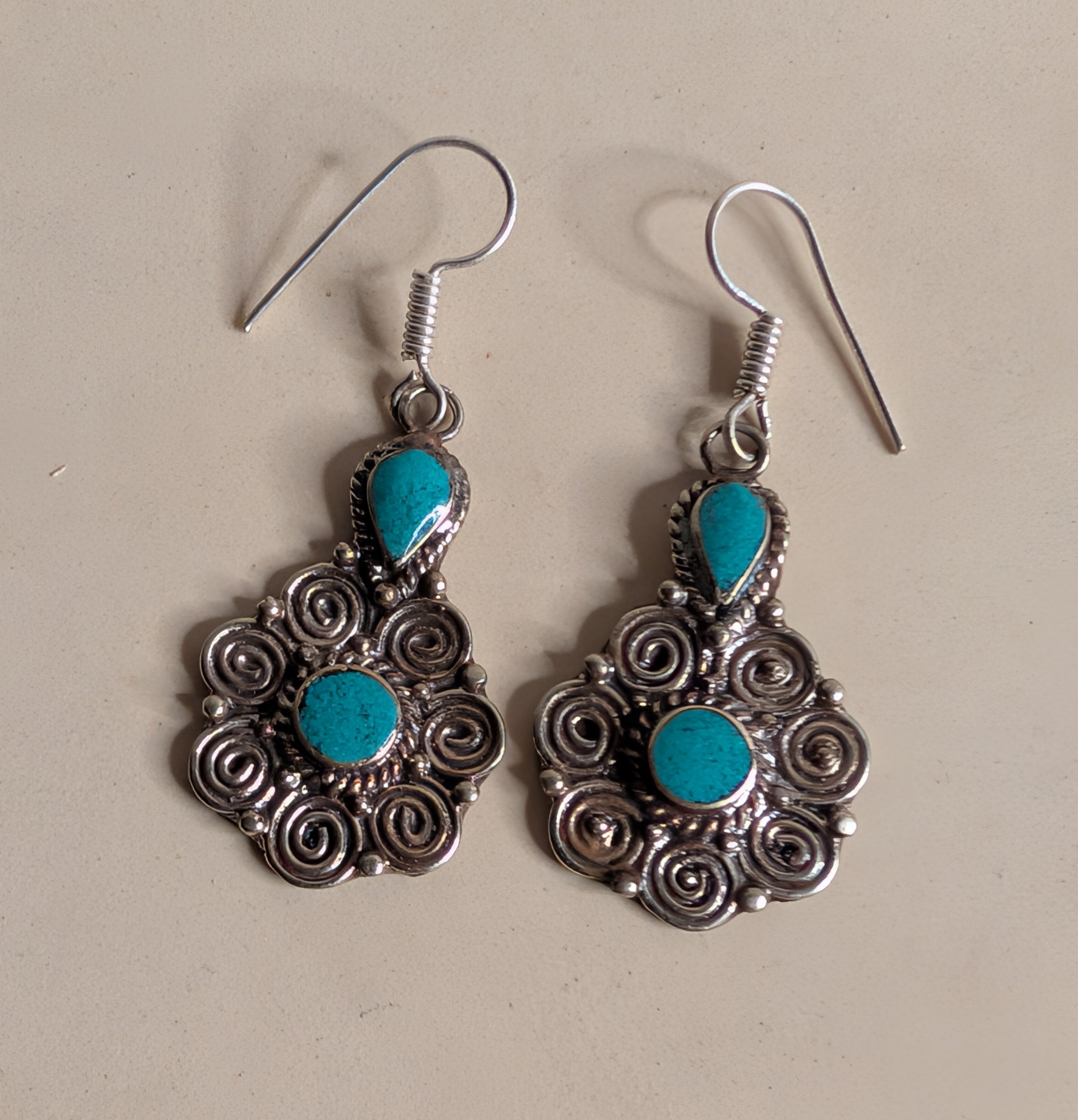 Turquoise Two-Stone Filigree Dangle Earrings
