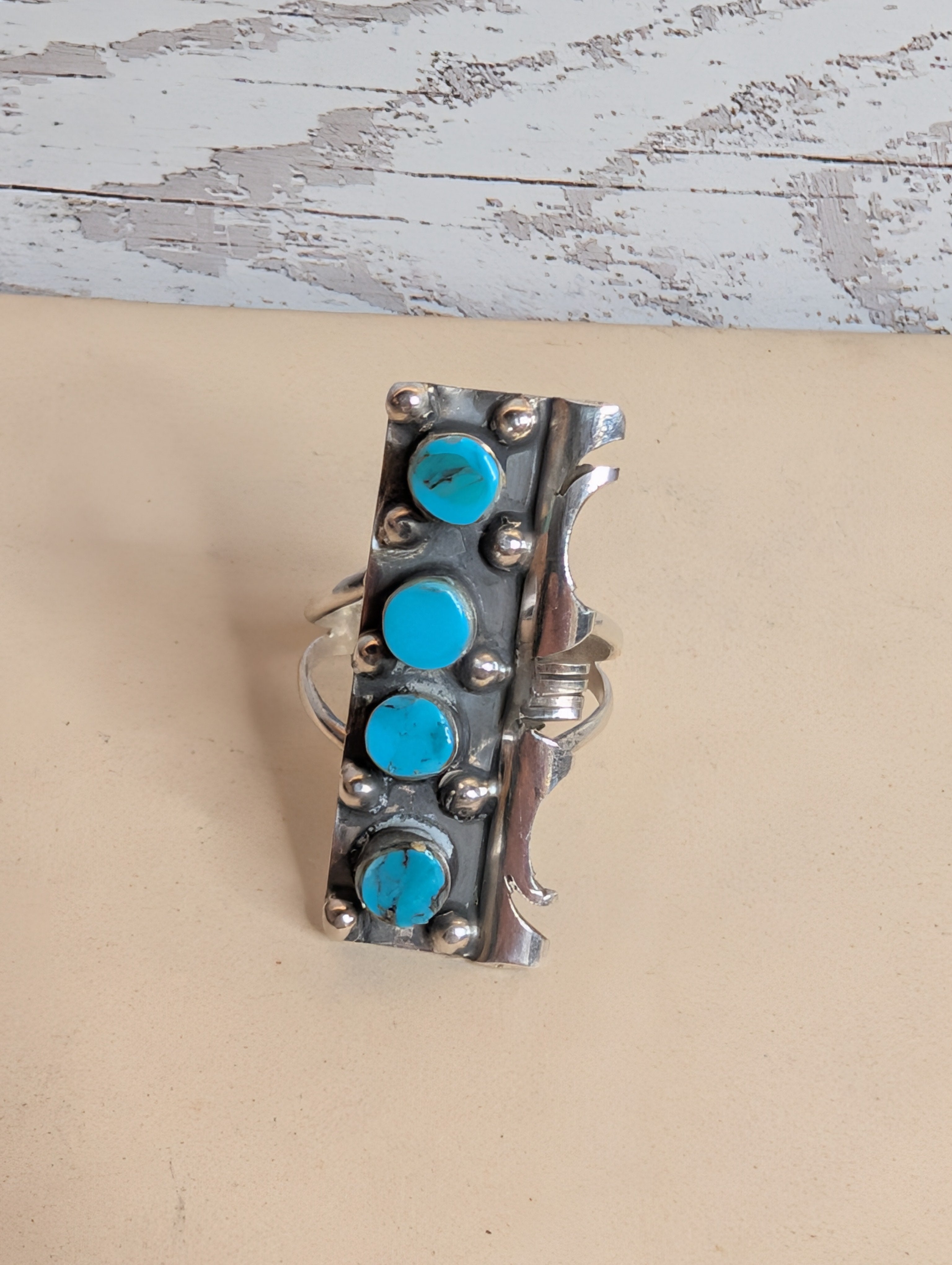 Handcrafted Kingman Turquoise Four Stone Sterling Silver Statement Ring Size 7