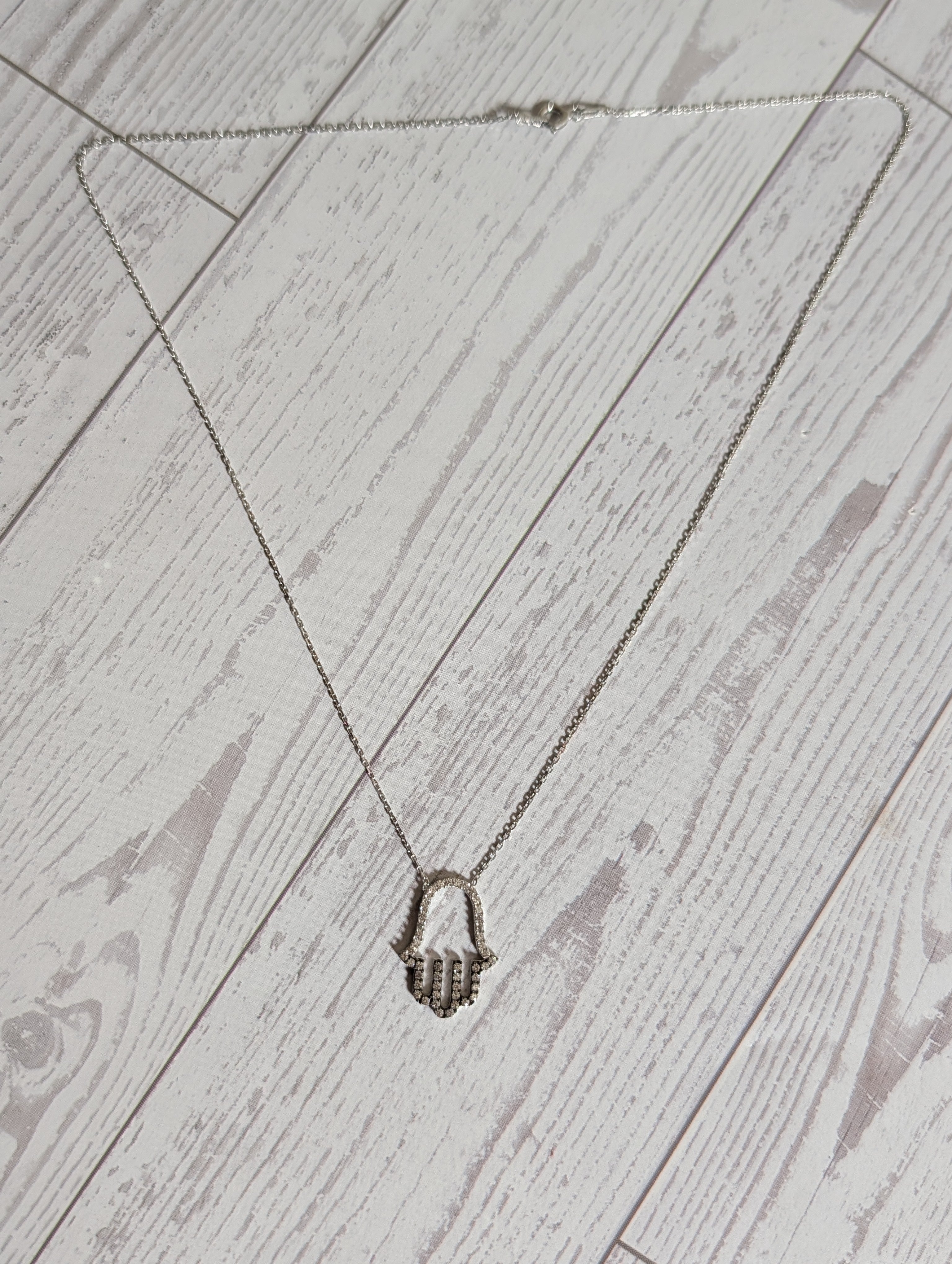 Hamsa Hand CZ Outline Small  Pendant On Sterling Silver Necklace