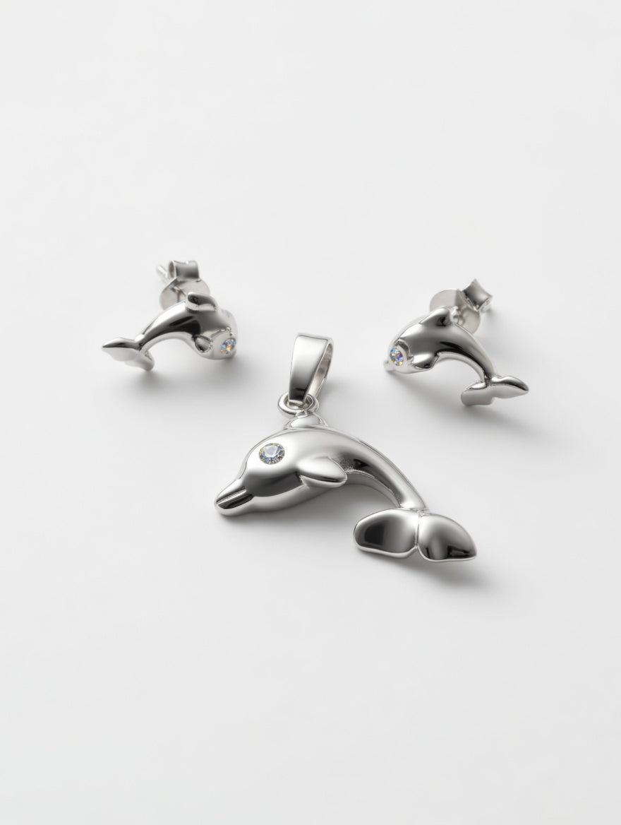 Sterling Silver Dolphin Earrings & Pendant Jewelry Set