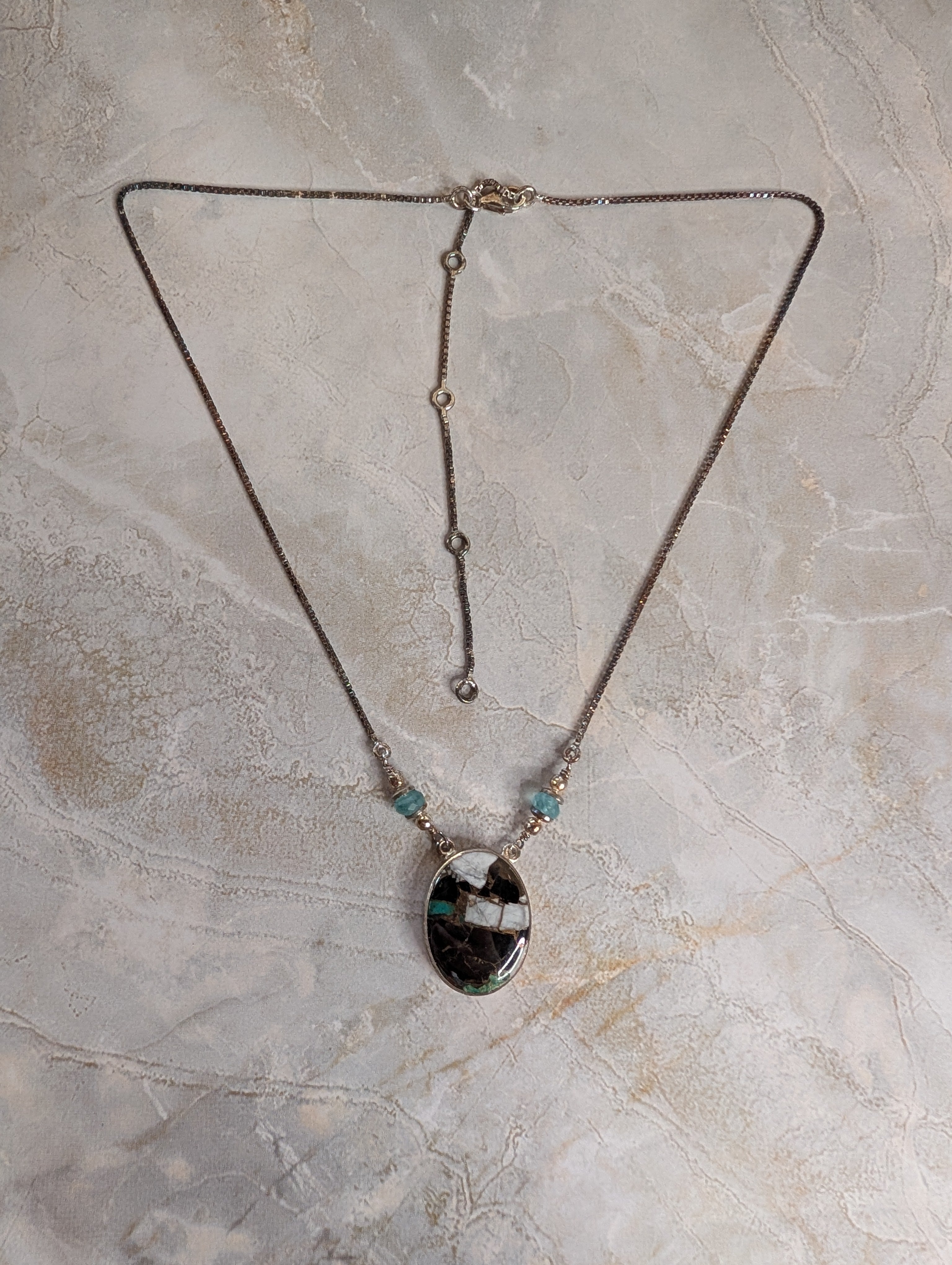 Mosaic Mojave Turquoise Gemstone With Aquamarine Beads Sterling Silver Necklace