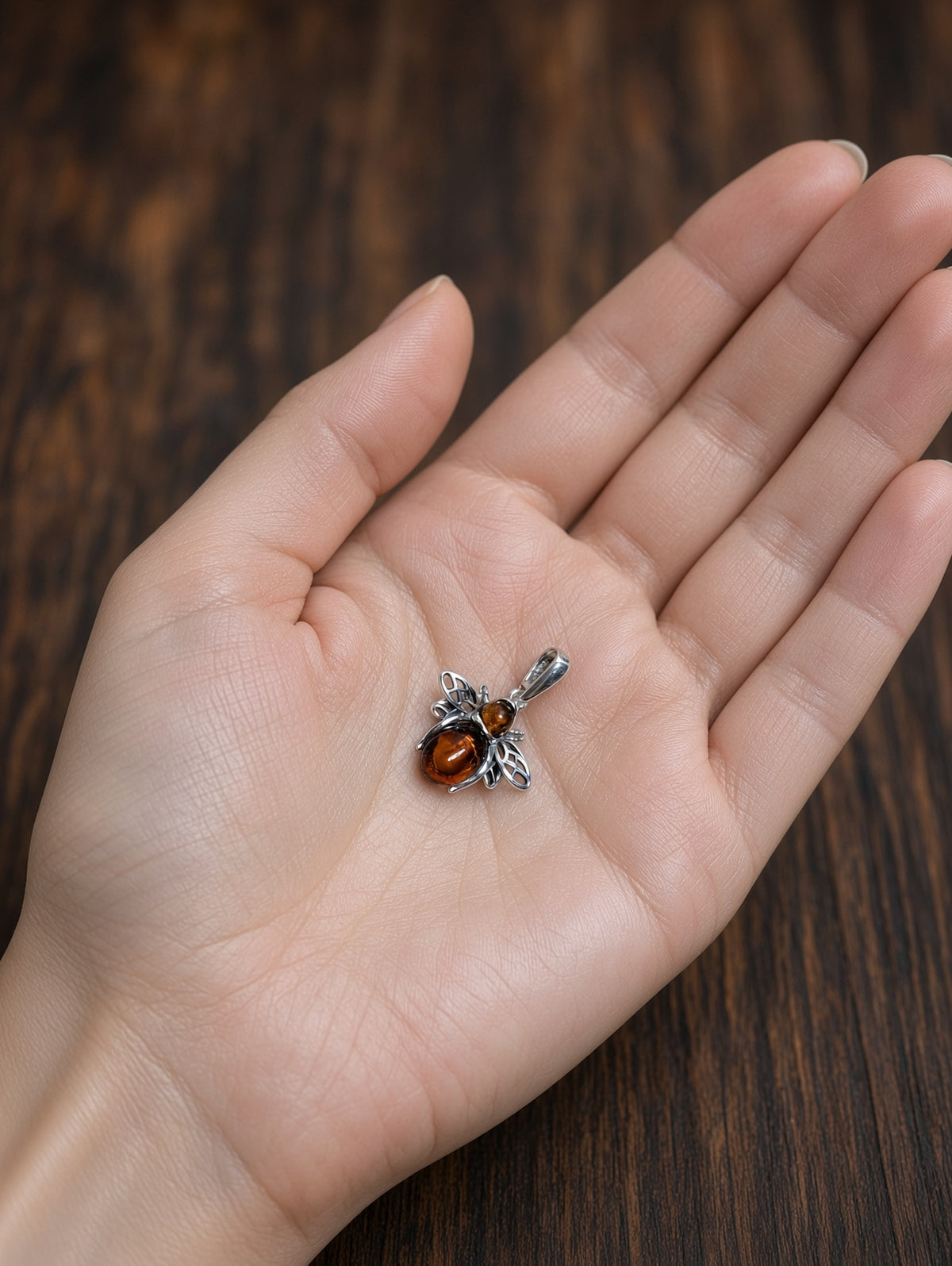 Handmade Bee Red Honey Cognac Cabochon & Sterling Silver Pendant